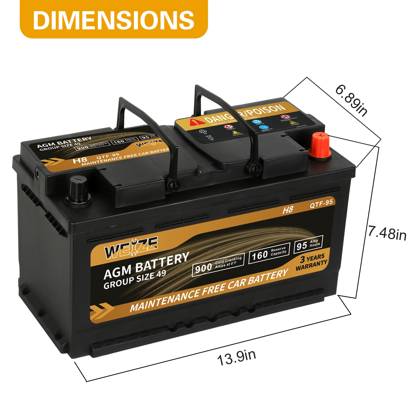 WEIZE Wise Series Group 49 AGM Car Battery 12V 95Ah H8 - High Performance Automotive Replacement Battery for Trucks, SUVs & RVs | Cold Cranking Power & Long Lifespan
