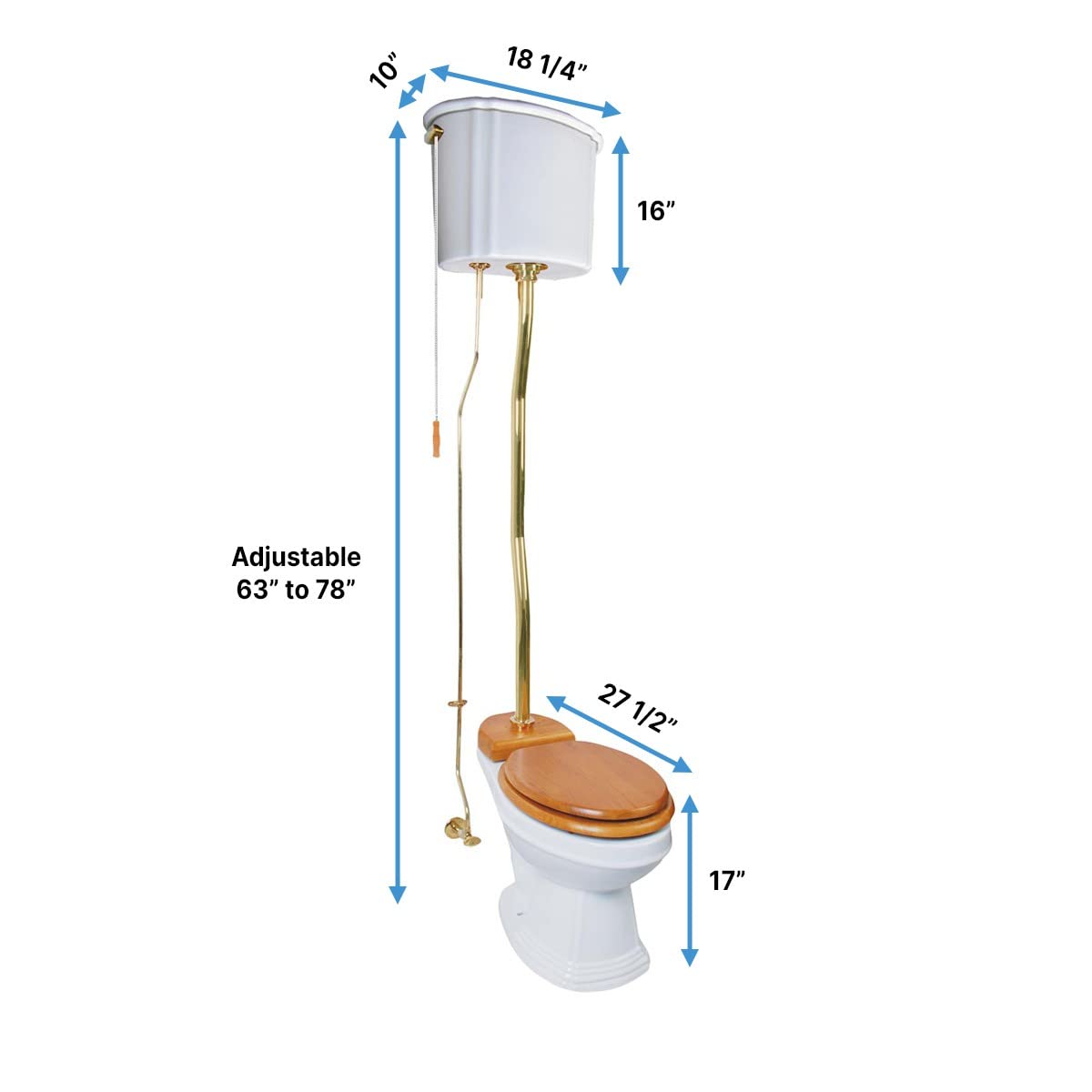 High Tank Pull Chain Toilet with White Ceramic Tank (63-78 Inch Adjustable Height) - Brass Z Pipe & Elongated Bowl | Vintage Bathroom Renovation, Farmhouse Style Restroom Upgrade, Historical Home Restoration