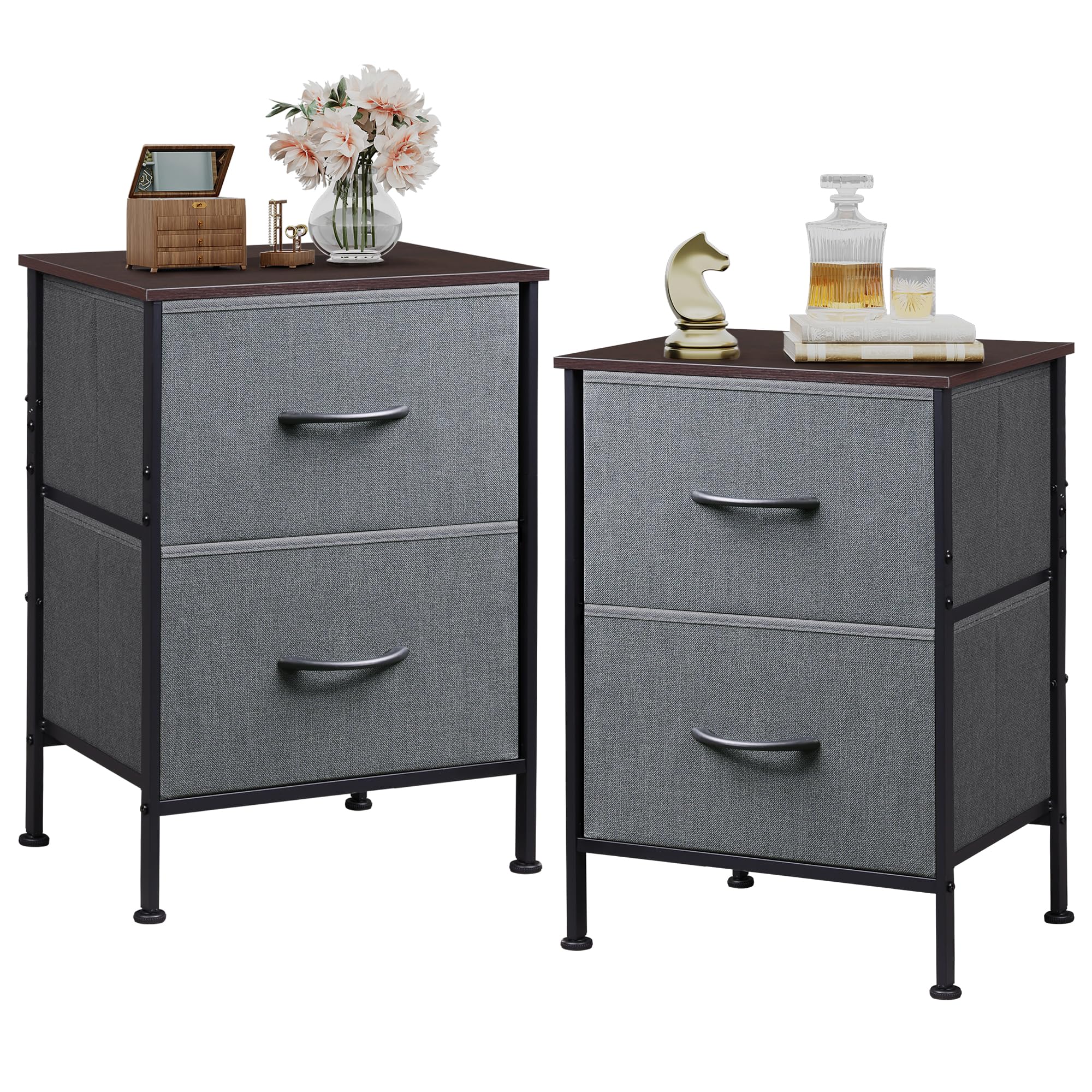 WLIVE Night Stand Set of 2 - Modern Bedside Tables with 2 Drawers & Fabric Bins, Dark Grey Dresser for Bedroom, College Dorm, Apartment - Perfect for Storage & Organization by Your Bed or in Closet