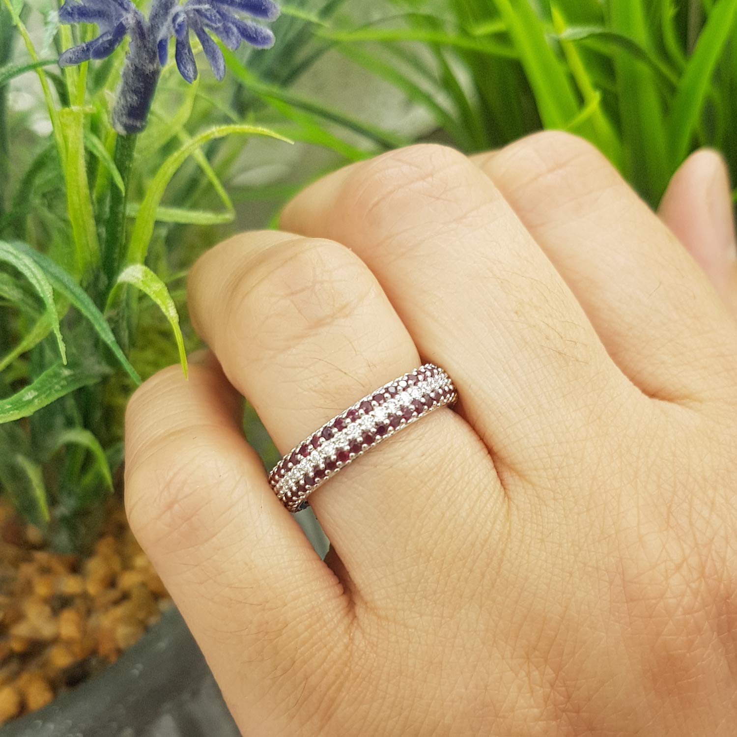 18K Solid White Gold Round White Diamond & Ruby Women's Anniversary Wedding Eternity Band – Dazzlingrock Collection | Perfect for Anniversaries, Engagements & Special Occasions