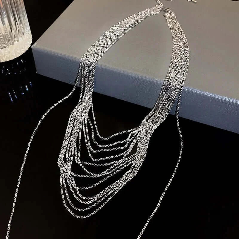 Multistrand Silver Tassel Chain Necklace HN2699 - Elegant Layered Jewelry for Women, Perfect for Parties, Weddings & Everyday Wear