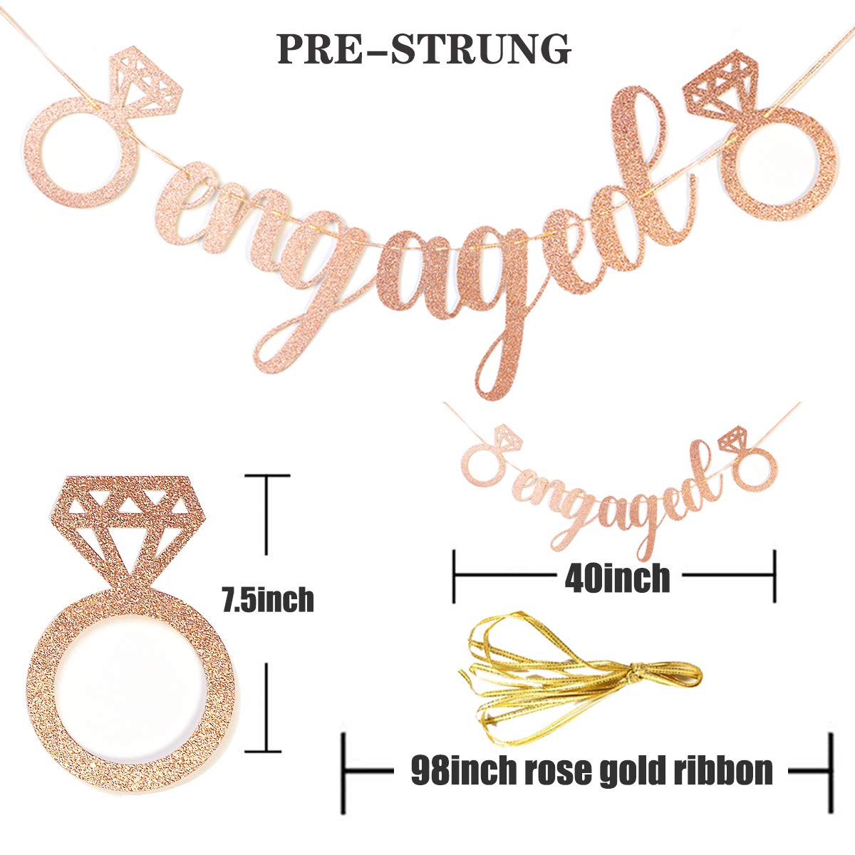 Rose Gold Glitter Diamond Ring Decorations (3pcs) - Elegant Bridal Shower & Engagement Party Supplies - Honeycomb Hanging Decor with Glittery Letters Banner - Perfect for Wedding, Anniversary & Romantic Celebrations