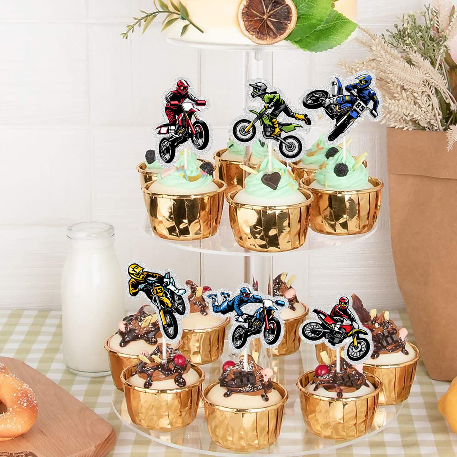 18Pcs Dirt Bike Cupcake Toppers - Extreme Motocross Birthday Cake Decorations for Motorcycle Lovers - Edible Cake Picks for Kids & Adults - Perfect for Dirt Bike Themed Parties, Baby Showers & Biker Celebrations