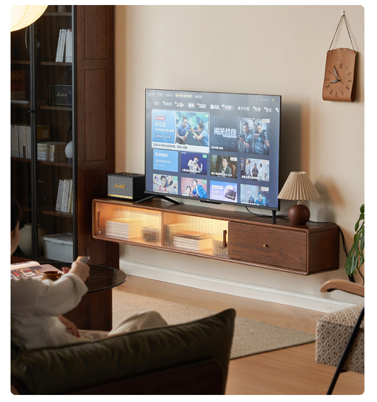 Solid Oak Wood Floating Glass Sliding Door TV Stand - Modern Entertainment Center for Living Room & Home Theater