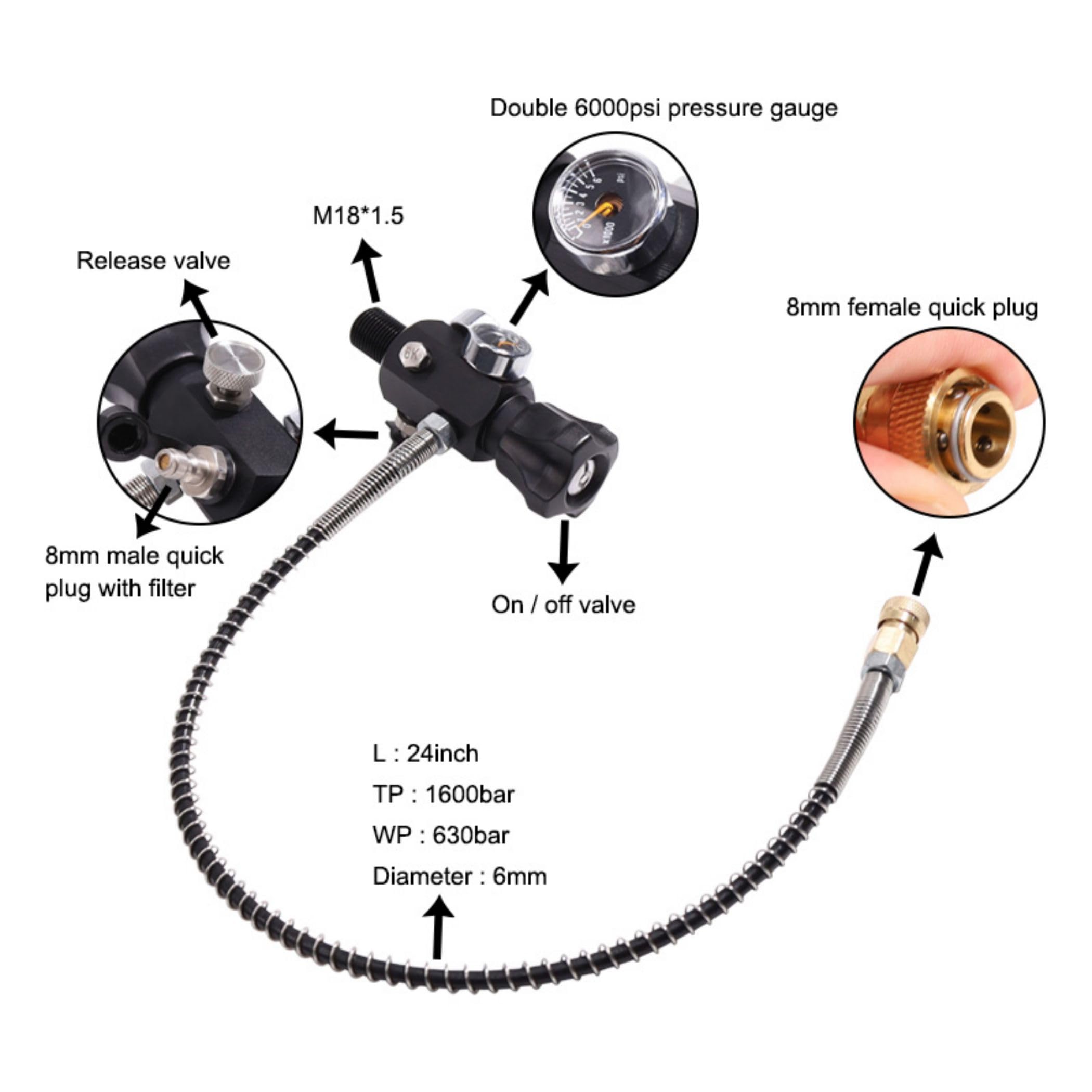 TUXING 2L/122ci 4500psi Carbon Fiber Air Tank (Empty) - Paintball PCP Air Rifle Filling Station with Dual Pressure Gauges & 24