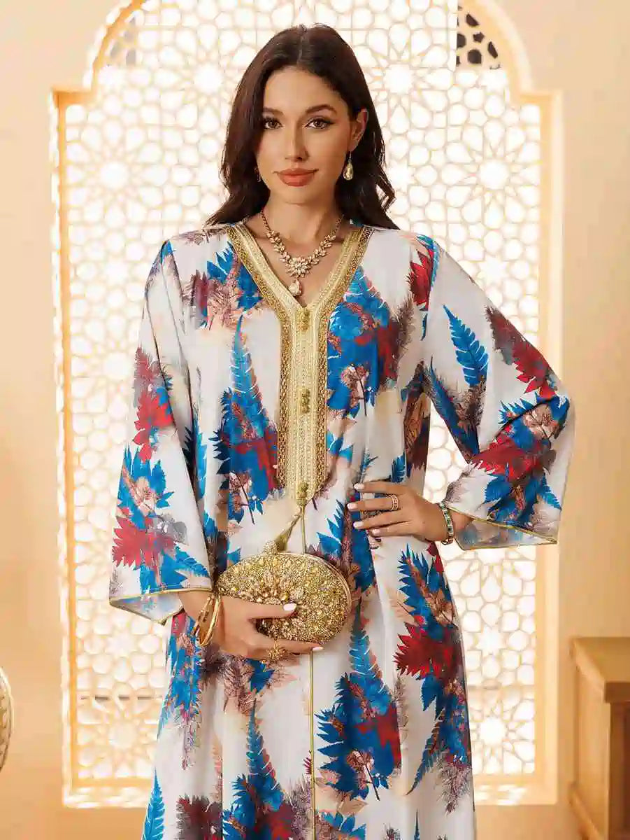 Elegant Hotfix Rhinestone Printed Eid Caftan Dress for Women - Perfect for Eid Celebrations, Weddings & Special Occasions