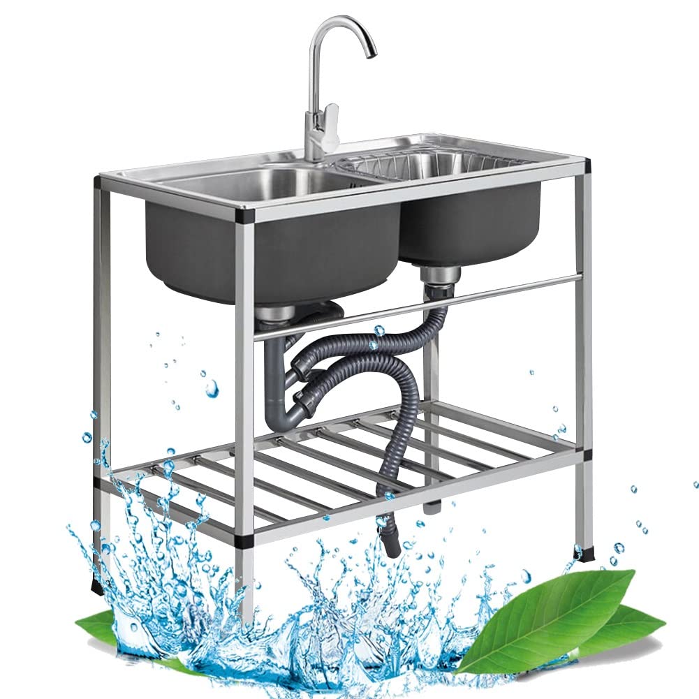 Stainless Steel Double Bowl Utility Sink with Stand, Faucet & Drain - 75x40x75cm Freestanding Kitchen Sink for Bar, Restaurant, Outdoor & Home Use - Silver-B Color