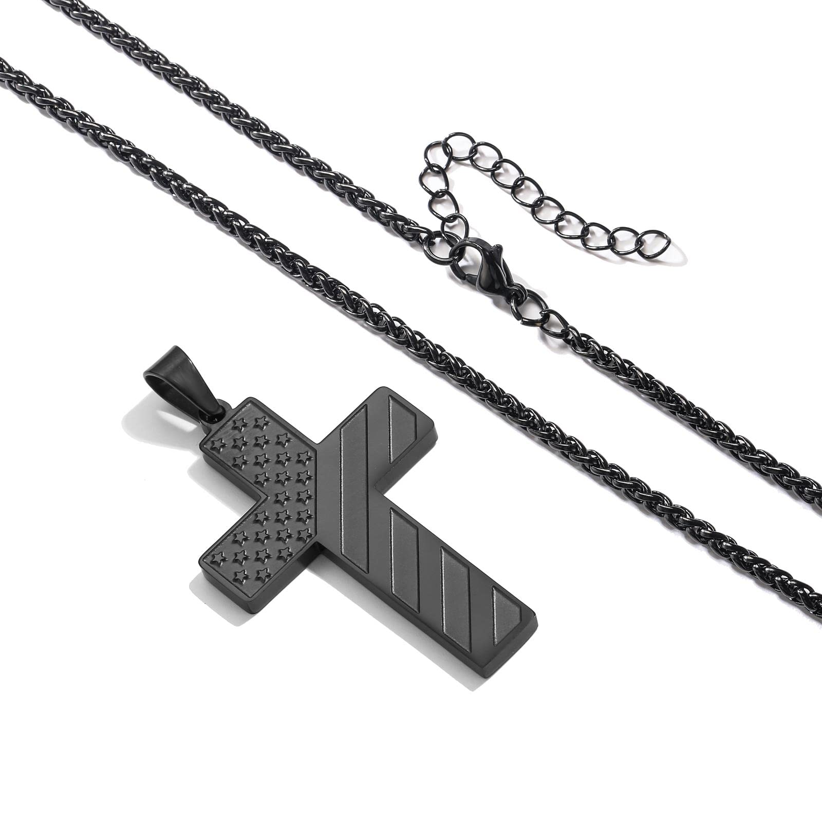 18+2 Inch Stainless Steel Cross Necklace with Bible Verse & American Flag Pendant - Religious Jewelry Gift for Men, Boys, Teens - Perfect for Easter, Graduation, Daily Wear & Special Occasions