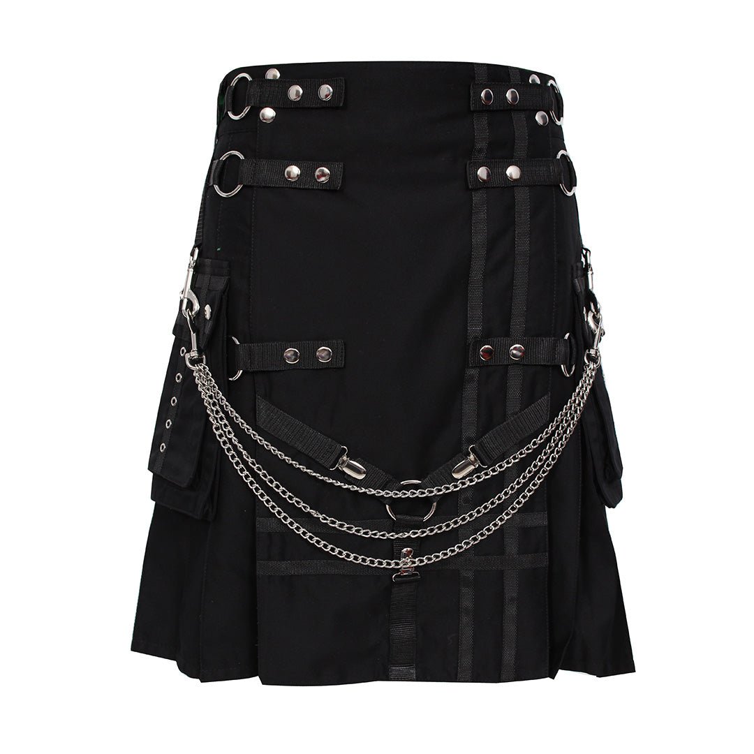 Premium Black Utility Kilt with Chain - Stylish Men's Fashion Kilt for Outdoor, Cosplay & Punk Rock Events
