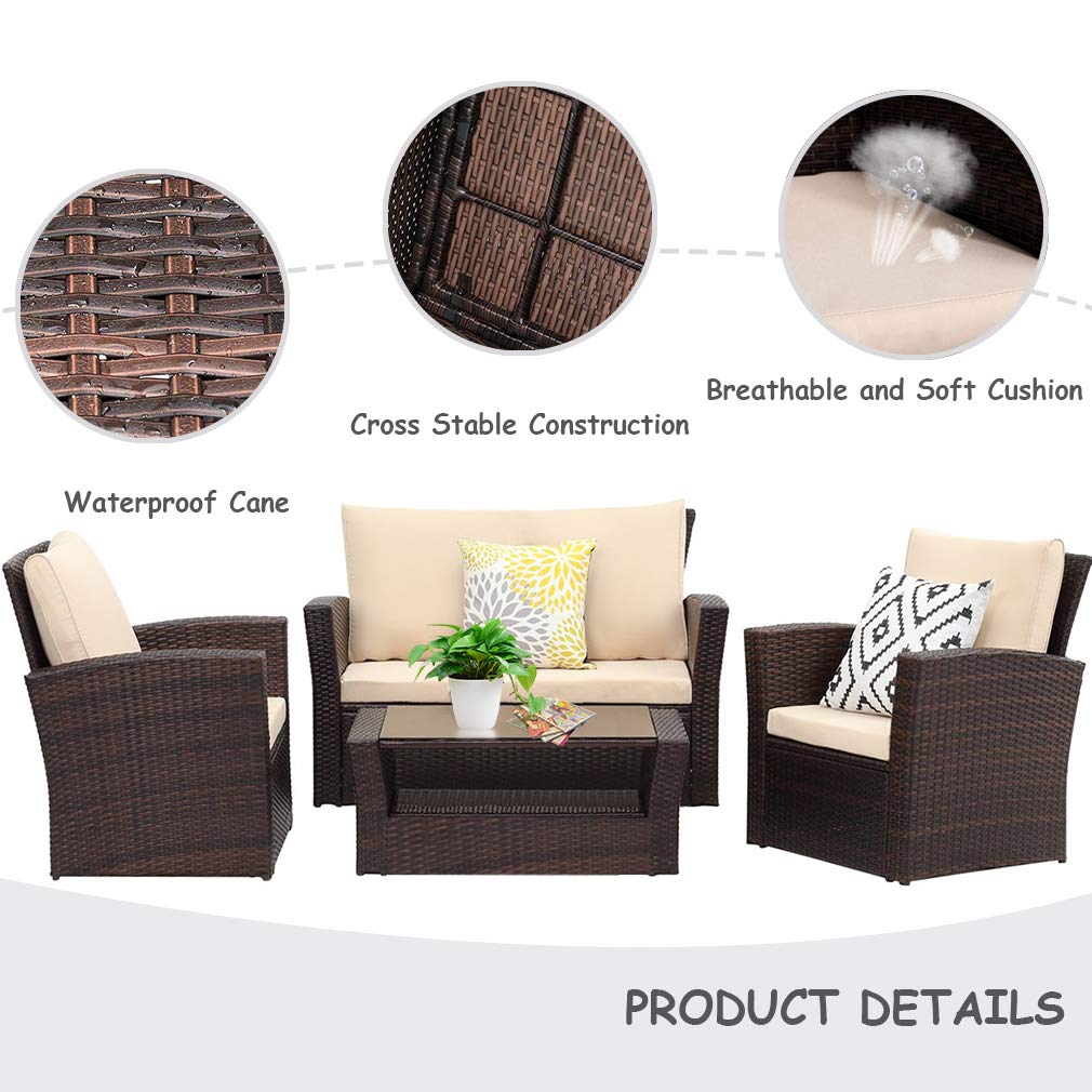 4-Piece Outdoor Patio Furniture Set - Rattan Wicker Sectional Sofa Conversation Set with Coffee Table for Backyard, Porch, Poolside, Balcony & Garden (Brown) - Perfect for Relaxing, Entertaining & Outdoor Gatherings