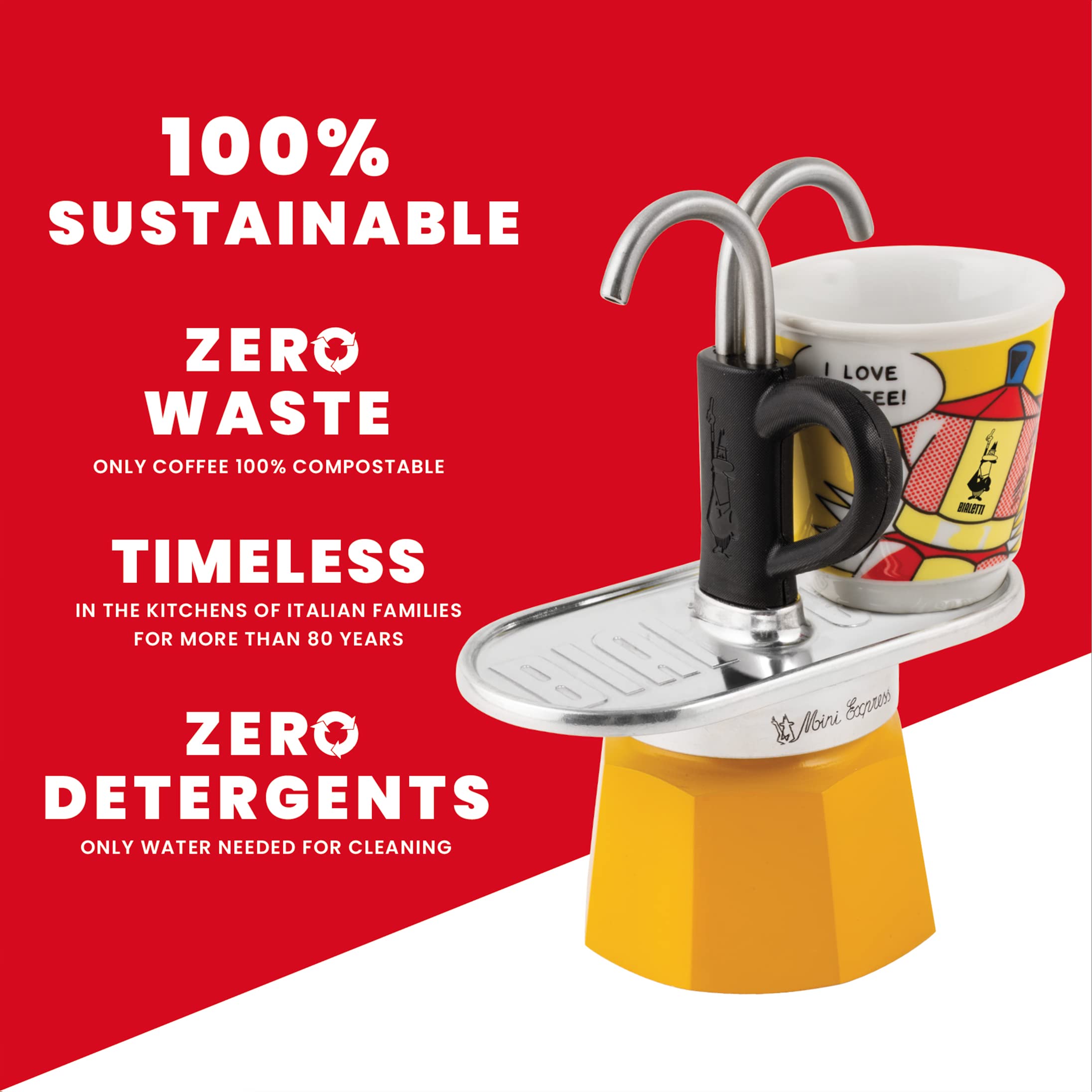 Bialetti Mini Express Moka Pot 2-Cup (2.8 Oz) Aluminum Stovetop Espresso Maker with 2 Shot Glasses - Yellow - Perfect for Home, Office & Camping Coffee Brewing