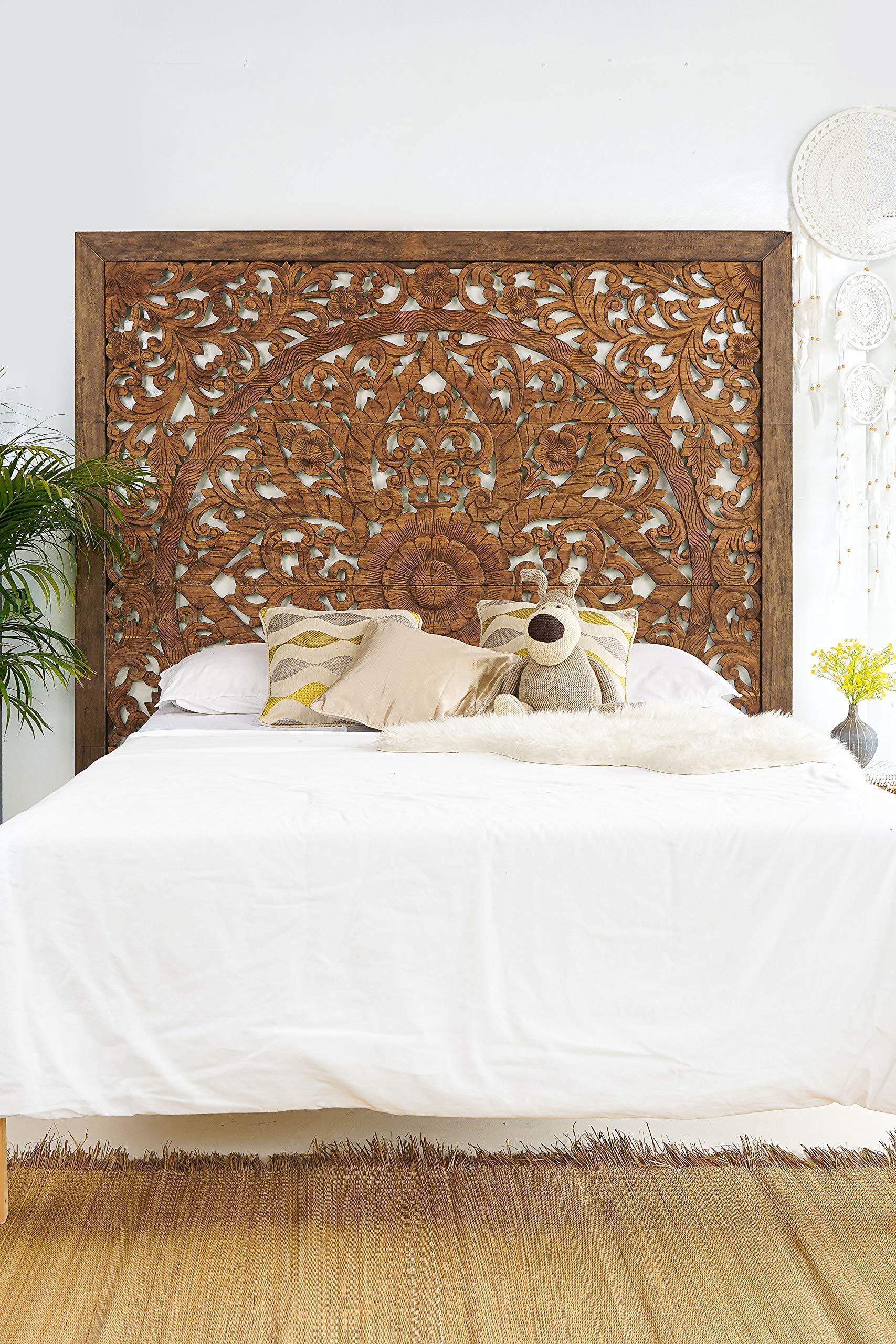 80-inch Super King Size Carved Wooden Headboard with Mandala Design - Wall Mounted Rustic Barn Finish in Weathered Brown - Perfect for Bedroom Decor, Farmhouse Style Homes & Bohemian Interiors