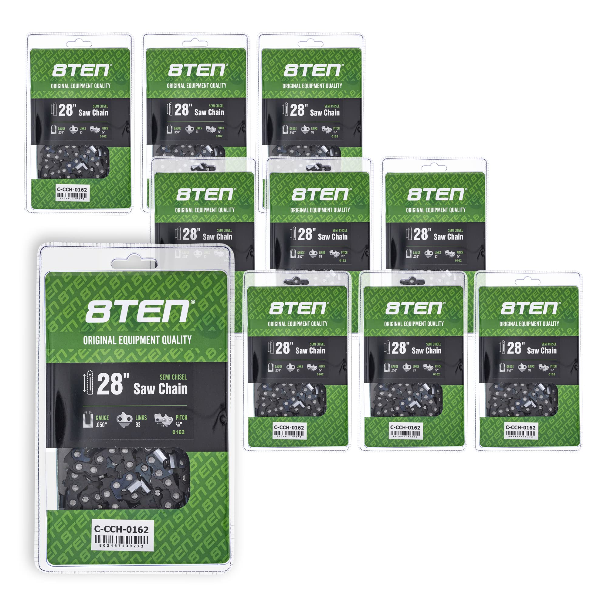 8TEN Semi Chisel Chainsaw Chain 28 Inch .050 Gauge 3/8 Pitch 93DL - Compatible with Echo CS-600P, Husqvarna 372XP, Jonsered 2065 (10 Pack) - Ideal for Professional Logging, Tree Felling & Firewood Cutting