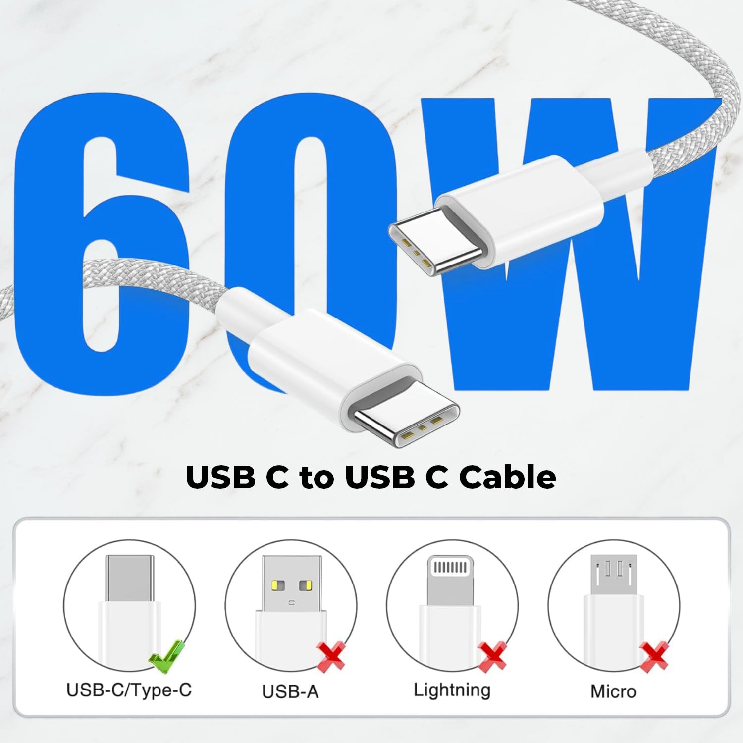 60W Fast Charging USB C to USB C Cable for Samsung Galaxy A36/A56/A35/A55/Tab S10/S9/S8/S7/S6 Lite/A9/A8/A7 - High-Speed Charger for Phones & Tablets (White) - Perfect for Home, Office & Travel Charging