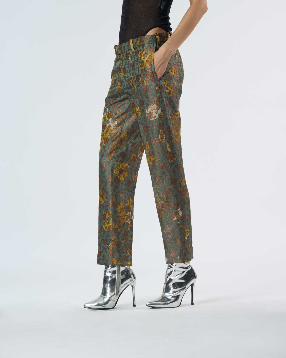 Classic Silk Brocade Trousers in Sage Green - Elegant & Comfortable Pants for Women, Perfect for Office Wear, Formal Events & Special Occasions