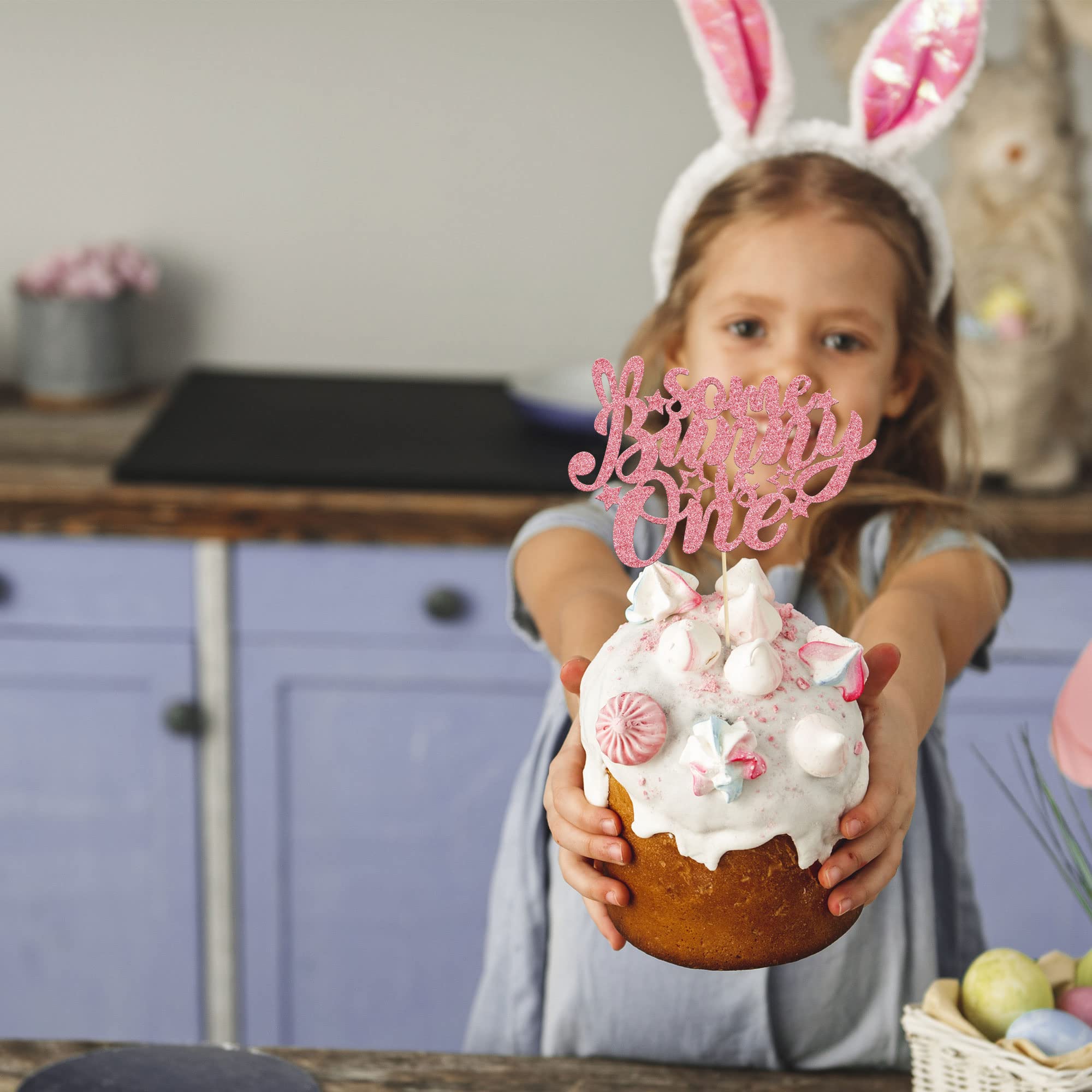 Gyufise Pink Glitter Some Bunny Is One Cake Topper - Easter Cake Decorations for 1st Birthday Party, Baby Shower & Spring Celebrations - Perfect for Boys & Girls Birthday Decor, Easter Theme Parties & Special Occasions