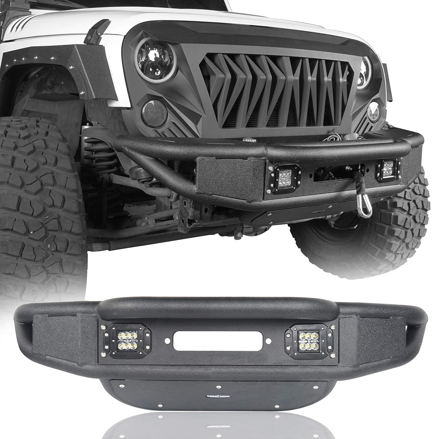 U-Box JK Front Bumper with Winch Plate & 2x LED Spotlights for Jeep Wrangler JK & Wrangler Unlimited (2007-2018) | Heavy-Duty Off-Road Protection & Adventure-Ready Design