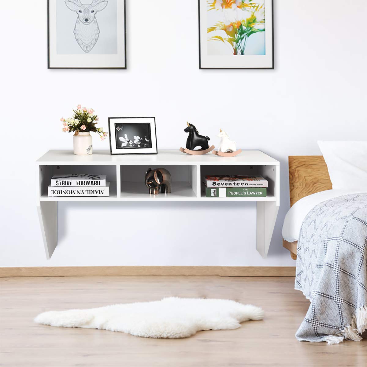 Giantex Wall Mounted Floating Desk with 3 Storage Shelves - Compact Computer Desk for Laptop, Writing & Study - Space-Saving Solution for Home Office, Bedroom & Living Room (White) - Perfect for Small Spaces & Modern Interior Design