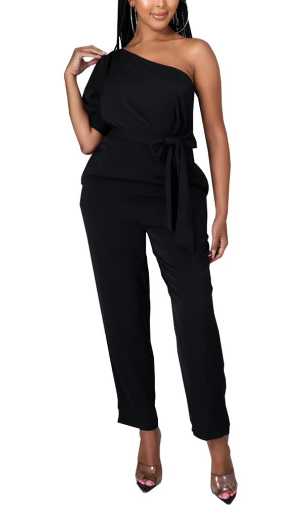 JTNFairy Women's Summer One Shoulder Stretchy Jumpsuit - High Waist Wrap Romper with Pockets | Casual Dressy Outfit for Beach Vacation, Date Night & Party Wear