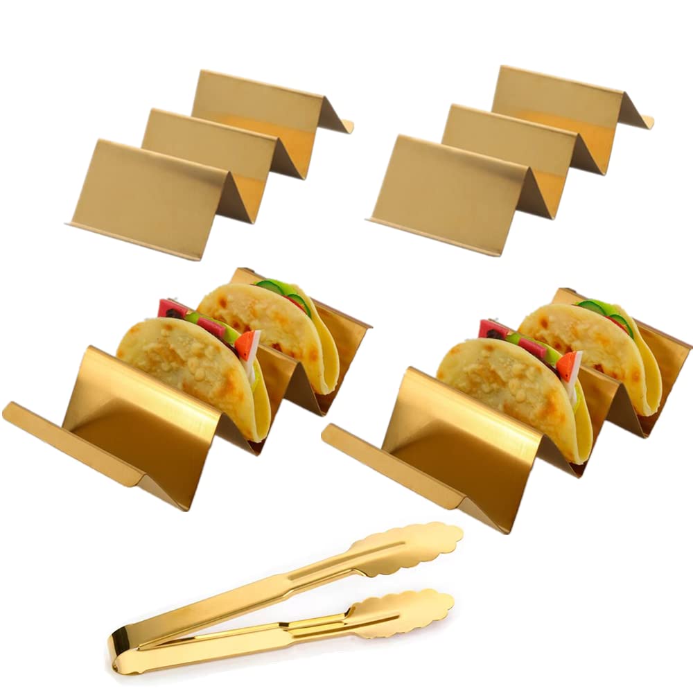 4-Piece Gold Taco Holder Set with Food Tong - Stainless Steel Taco Stand with Handles for Parties & Taco Nights - Holds 3 Tacos Each - Dishwasher & Oven Safe - Perfect for Cinco de Mayo, Game Day & Mexican-Themed Gatherings
