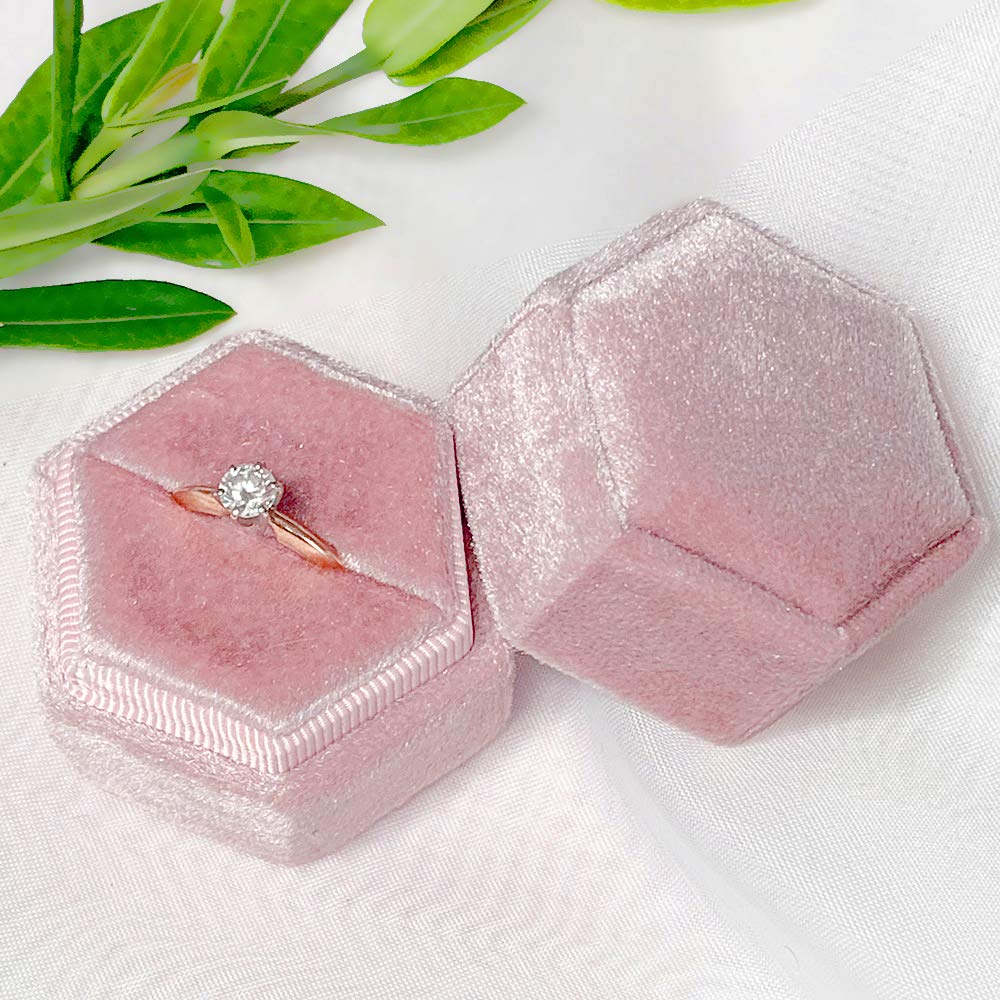 Vintage Velvet Hexagon Engagement Ring Box - Single Slot Proposal Ring Holder for Bride, Handmade Wedding Ring Bearer Box, Rose Pink Velvet Jewelry Gift Box - Perfect for Proposals, Weddings & Anniversaries