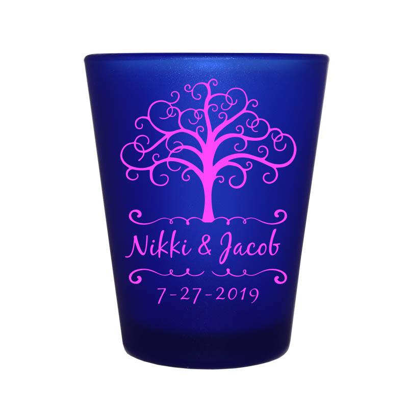 Customizable 1.5 oz Blue Frosted Shot Glass with Tree of Life Design - Perfect for Parties, Gifts, and Home Bar Decor