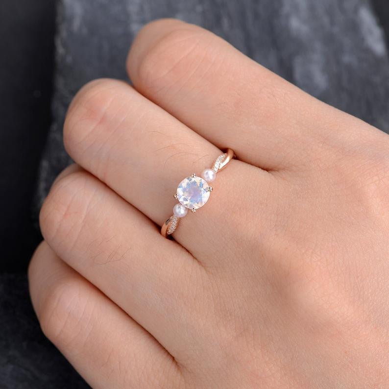 Infinity Round Cut Moonstone Engagement Ring with Akoya Pearl - 14K White Gold Three Stone Wedding Band for Bridal, Anniversary & Special Occasions