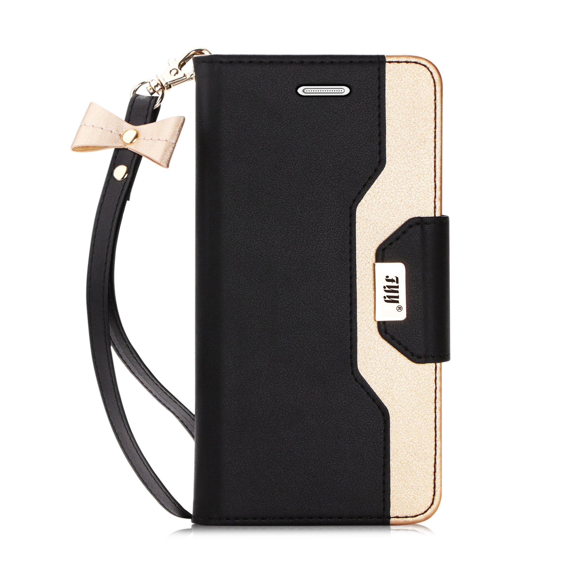 Premium Genuine Leather Wallet Case with Mirror & Wrist Strap for Samsung Galaxy S7 Edge - Slim Flip Folio Cover with Card Slots & Stand Function (Black) - Perfect for Business, Travel & Everyday Protection