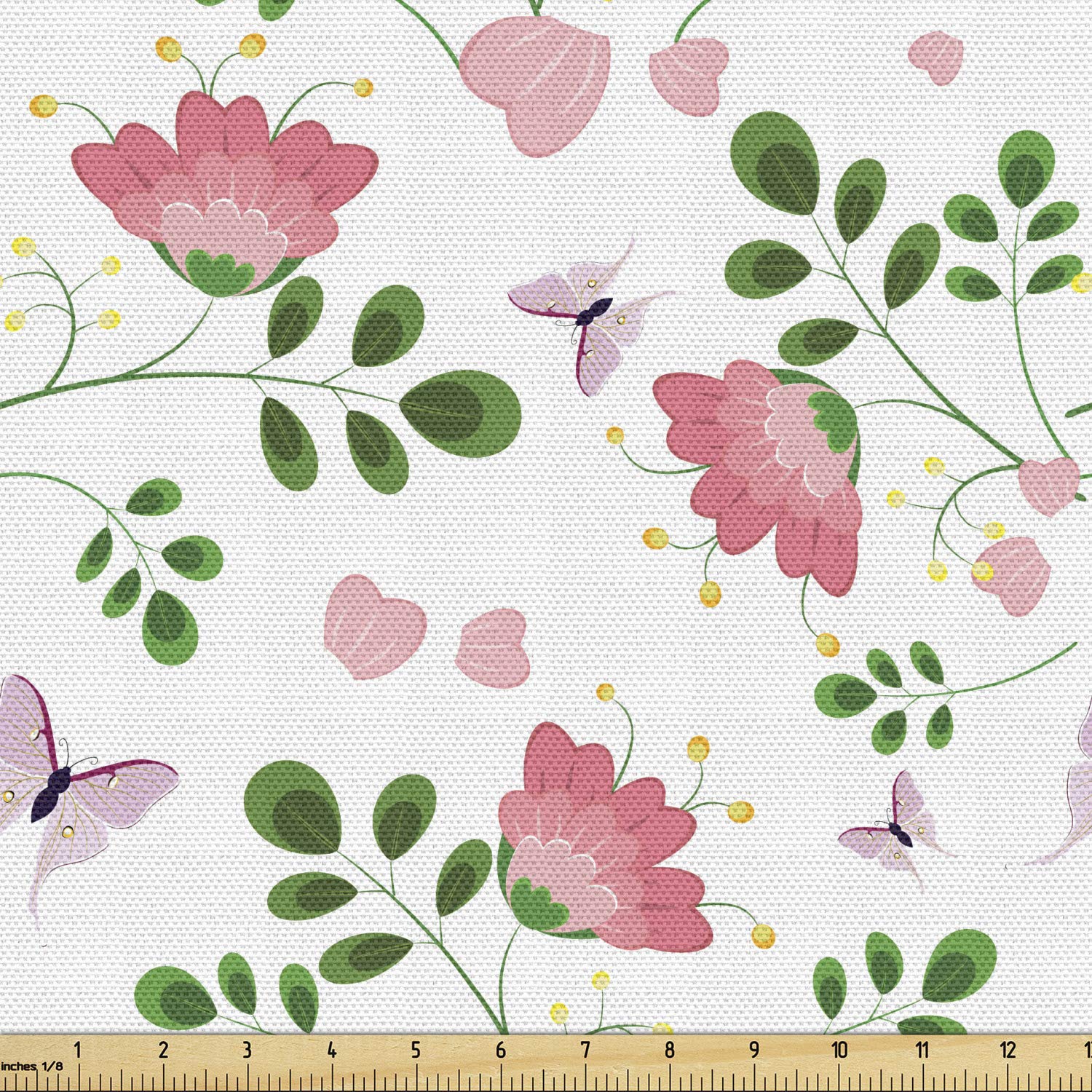 Ambesonne Spring Fabric by The Yard - Happy Springtime Floral Doodle with Leaves & Butterflies | Decorative Upholstery Fabric for Sofa, Curtains & DIY Home Decor | 10 Yards Multicolor Cotton Material | Perfect for Spring Crafts, Table Runners & Pillow Covers