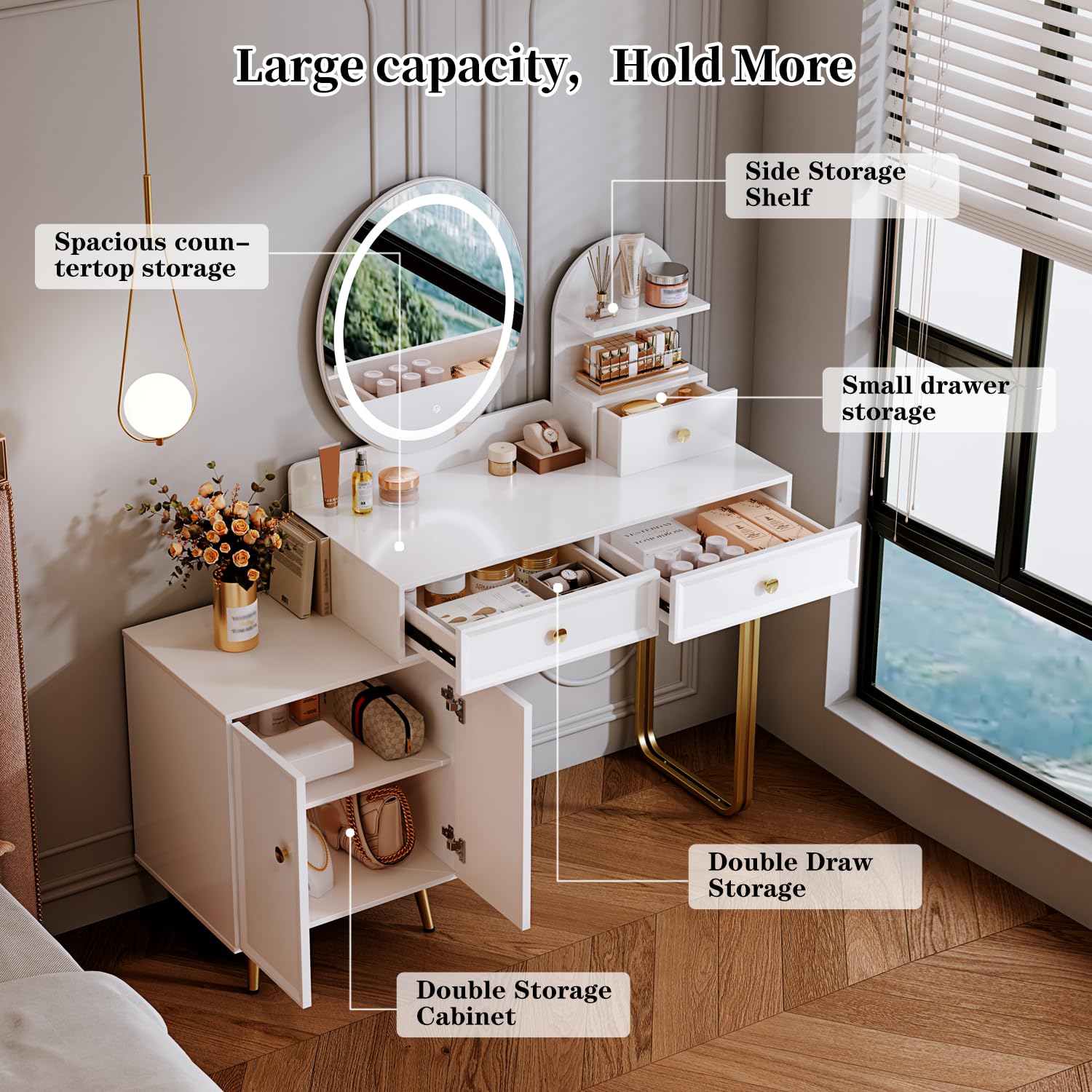 White Vanity Desk with Mirror and Lights - Small Makeup Vanity Table with 2 Spacious Drawers & Adjustable Cabinet - Modern Dressing Table for Bedroom, Makeup Room, Home Office or Writing Desk - Perfect for Cosmetics Storage & Daily Beauty Routine