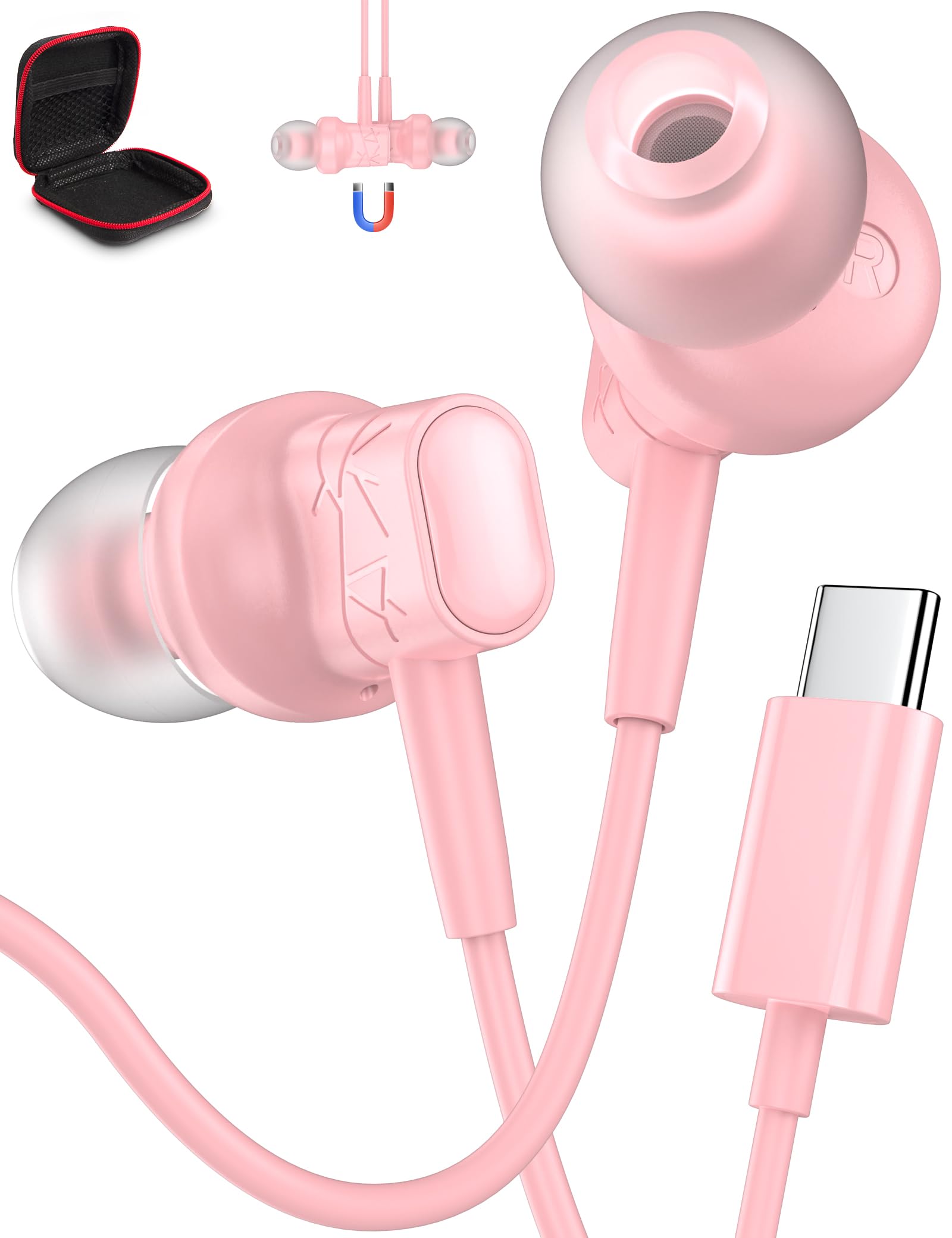 Lightweight USB C Wired Earbuds with Mic - Pink Noise Isolating Magnetic Earphones for iPhone 16 Pro Max/15 Plus, iPad Pro/Air, Samsung & Google Phones | Perfect for Girls, Women & Kids | Great for Commuting, Workouts & Online Classes