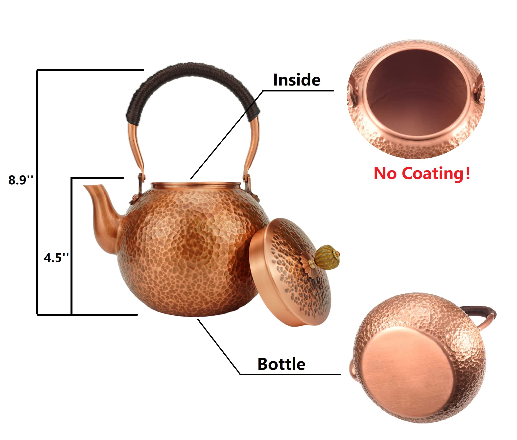 Handmade Solid Copper Tea Pot - 1400ml Hammered Stovetop Kettle for Gas & Induction - Pure Copper Teapot for Tea Lovers & Home Brewing - Perfect for Chai, Herbal Tea & Traditional Tea Ceremonies