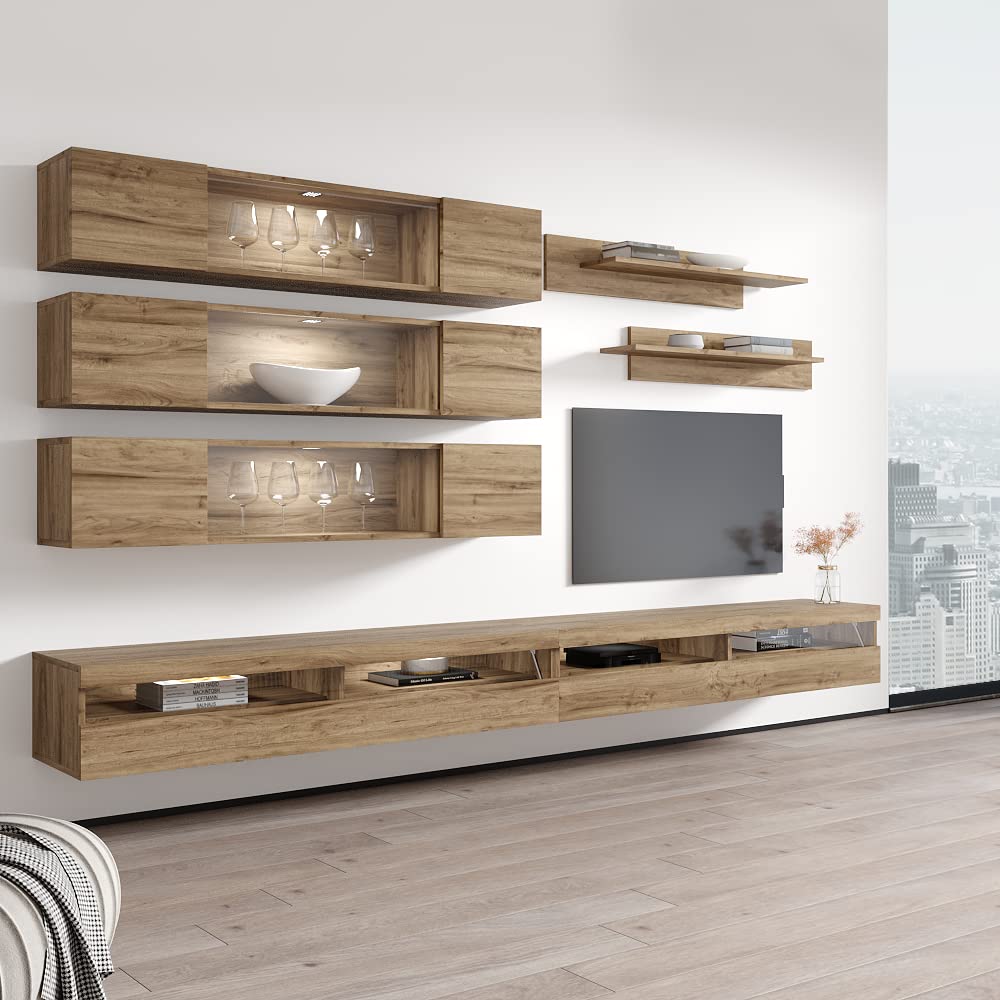Modern Floating TV Stand with Storage & LED Lights - Wall-Mounted Entertainment Center Console for Bedroom & Living Room - Oak Wood TV Cabinet with Shelves - Perfect for Small Spaces & Home Theater Setup