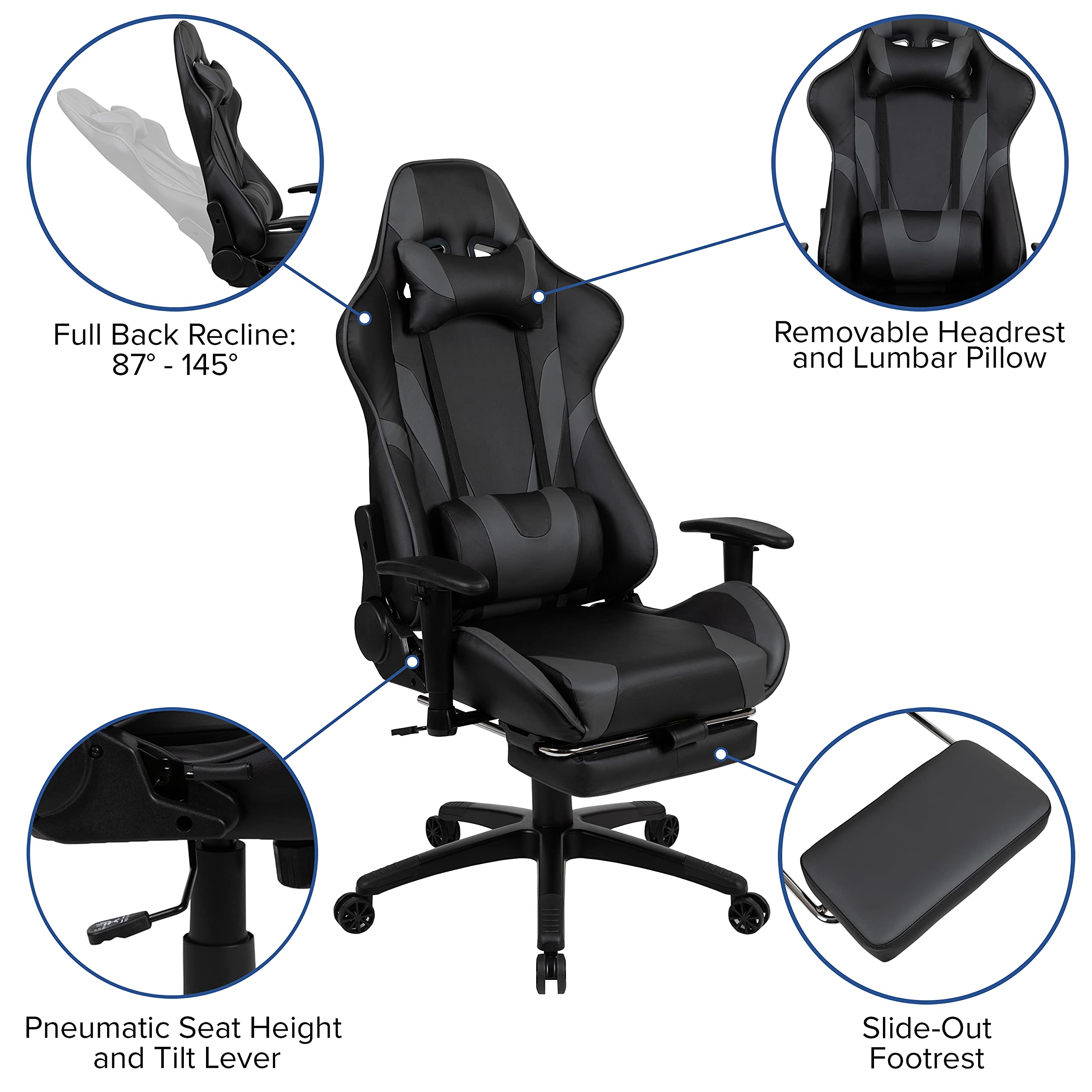 Black Gaming Desk with Cup Holder, Headphone Hook, Monitor Stand & Smartphone Stand - Gray Reclining Gaming Chair with Footrest - Perfect for PC Gaming Setup, Streaming & Home Office