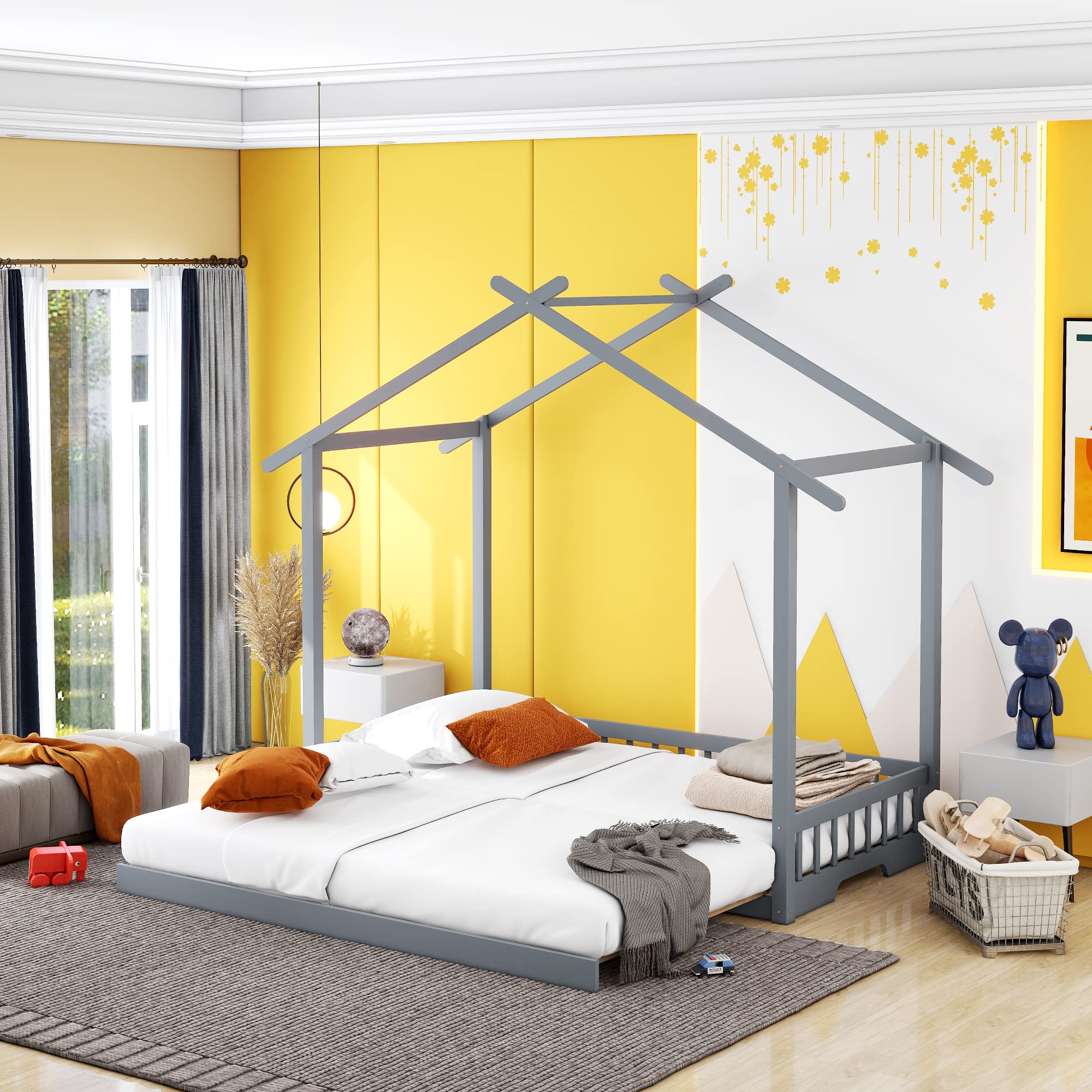 P PURLOVE Kids House Bed Frame - Extendable Wooden Daybed with Roof, Twin to King Size Conversion, Children's Floor Bed for Playroom, Bedroom & Nursery Decor