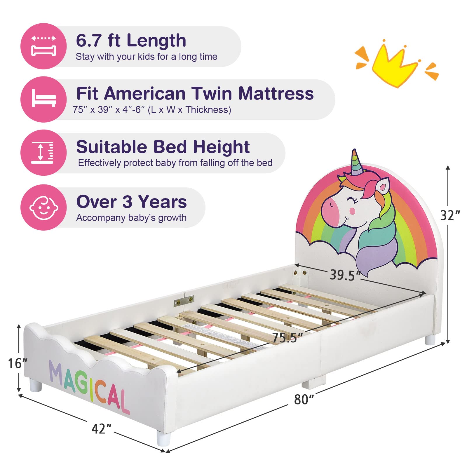 HONEY JOY Twin Bed Frame for Kids - Sturdy Wooden Platform Bed with Headboard & Slat Support, No Box Spring Needed - Perfect for Boys & Girls Bedroom - Fits Standard Twin Mattress - Unicorn Themed Kids Furniture for Playrooms & Sleepovers