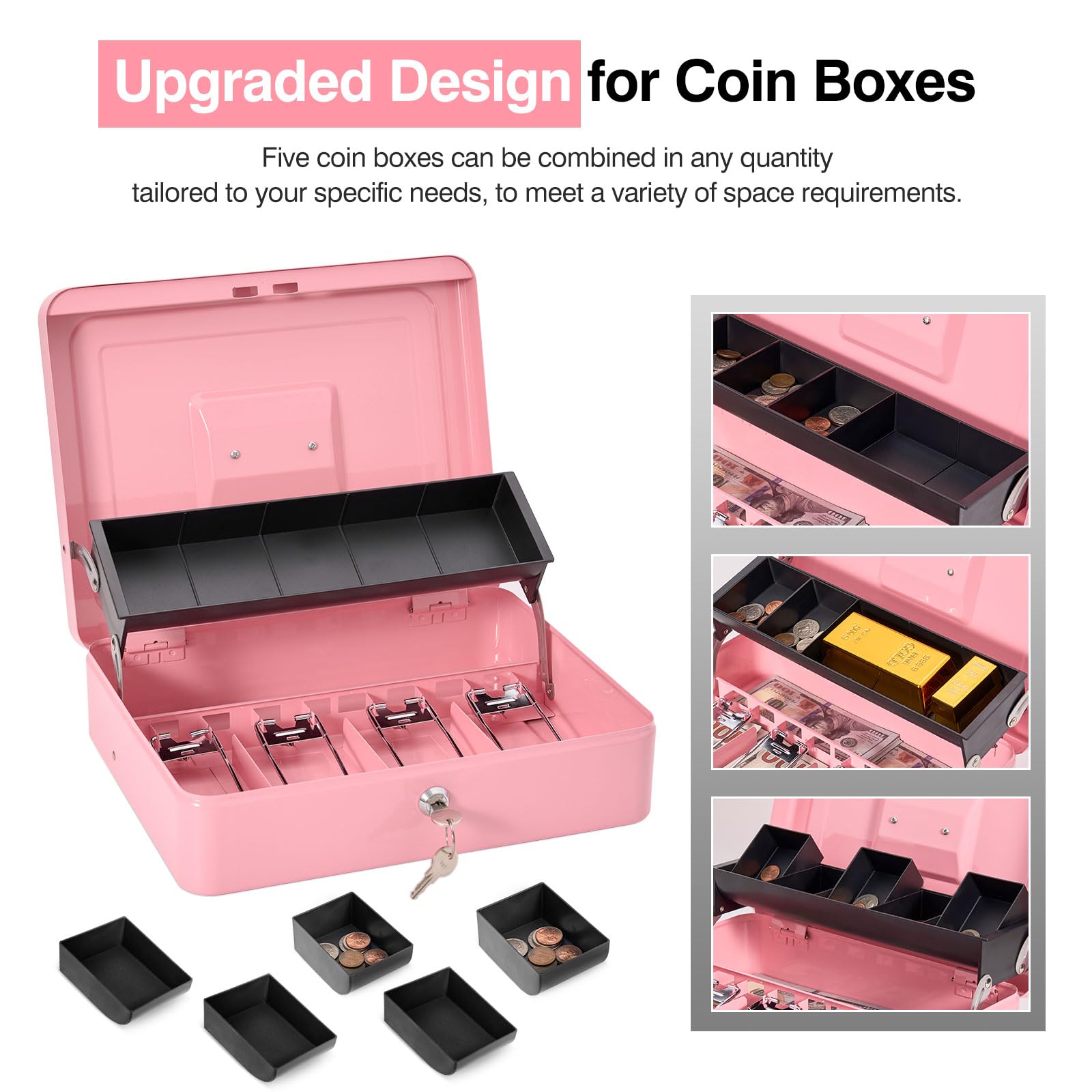 Secure Locking Cash Box with Carry Bag - Heavy Duty Metal Money Safe with Key & Combination Lock, 4 Bill & 5 Coin Slots, Cantilever Design - Pink Money Saving Organizer for Home, Office, Retail & Travel Use