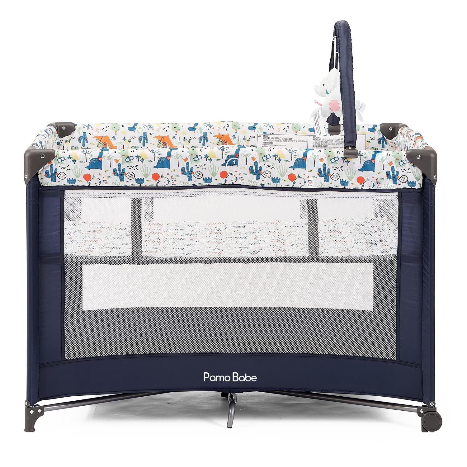 Pamo Babe Portable Baby Playpen - Lightweight Playard with Mattress & Toy Bar, Includes Soft Dinosaur Toys - Perfect for Home, Travel & Daycare Use