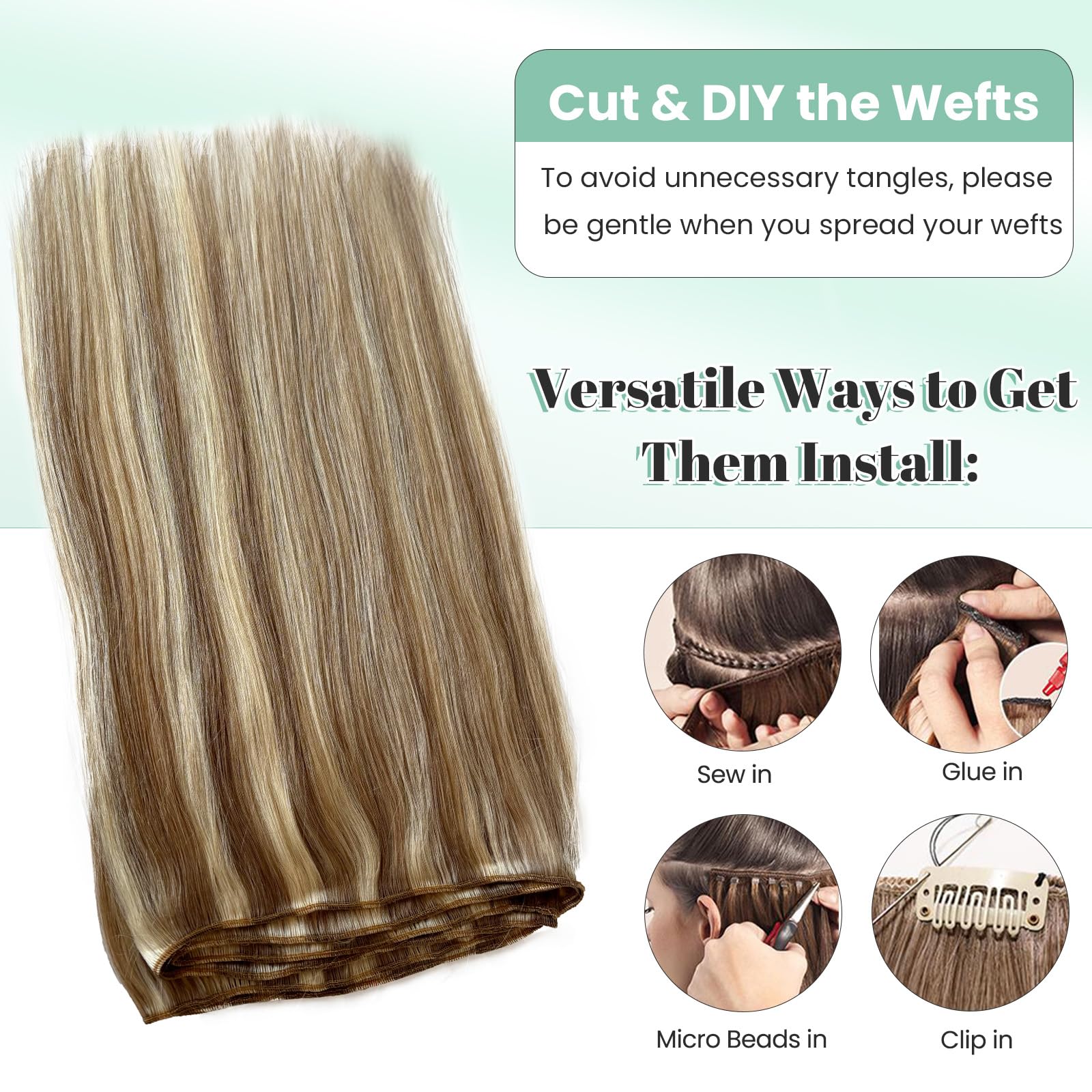Ash Brown & Platinum Blonde Highlighted Human Hair Extensions - 16 Inch Double Weft Sew-in Weave Bundles (100g) for Natural Blending & Styling - Perfect for Parties, Weddings & Everyday Glam