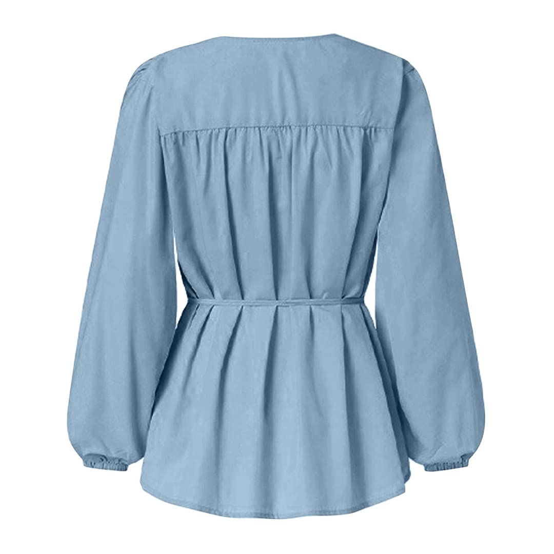 Women's Long Sleeve V-Neck Ruffle Blouse - Off Shoulder Tie Waist Wrap Top in Blue (XXL) | Elegant Casual Wear for Office, Date Night & Special Occasions