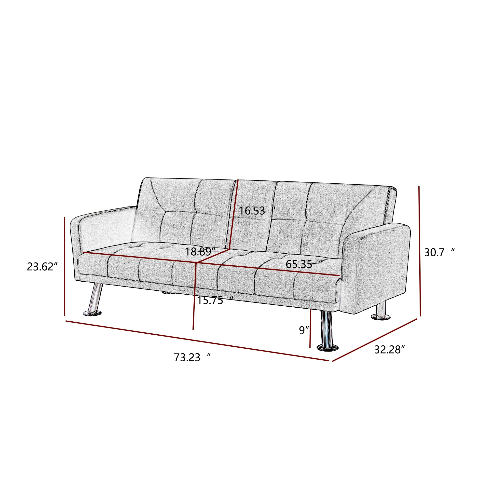 Convertible Futon Sofa Bed - 3 Adjustable Positions, Modern Upholstered Daybed Loveseat with 2 Cup Holders | Space-Saving Sleeper Couch for Small Apartments, Studio, Office & Compact Living Rooms (Grey) | Perfect for Guest Sleeping, Lounging & Small Space Living