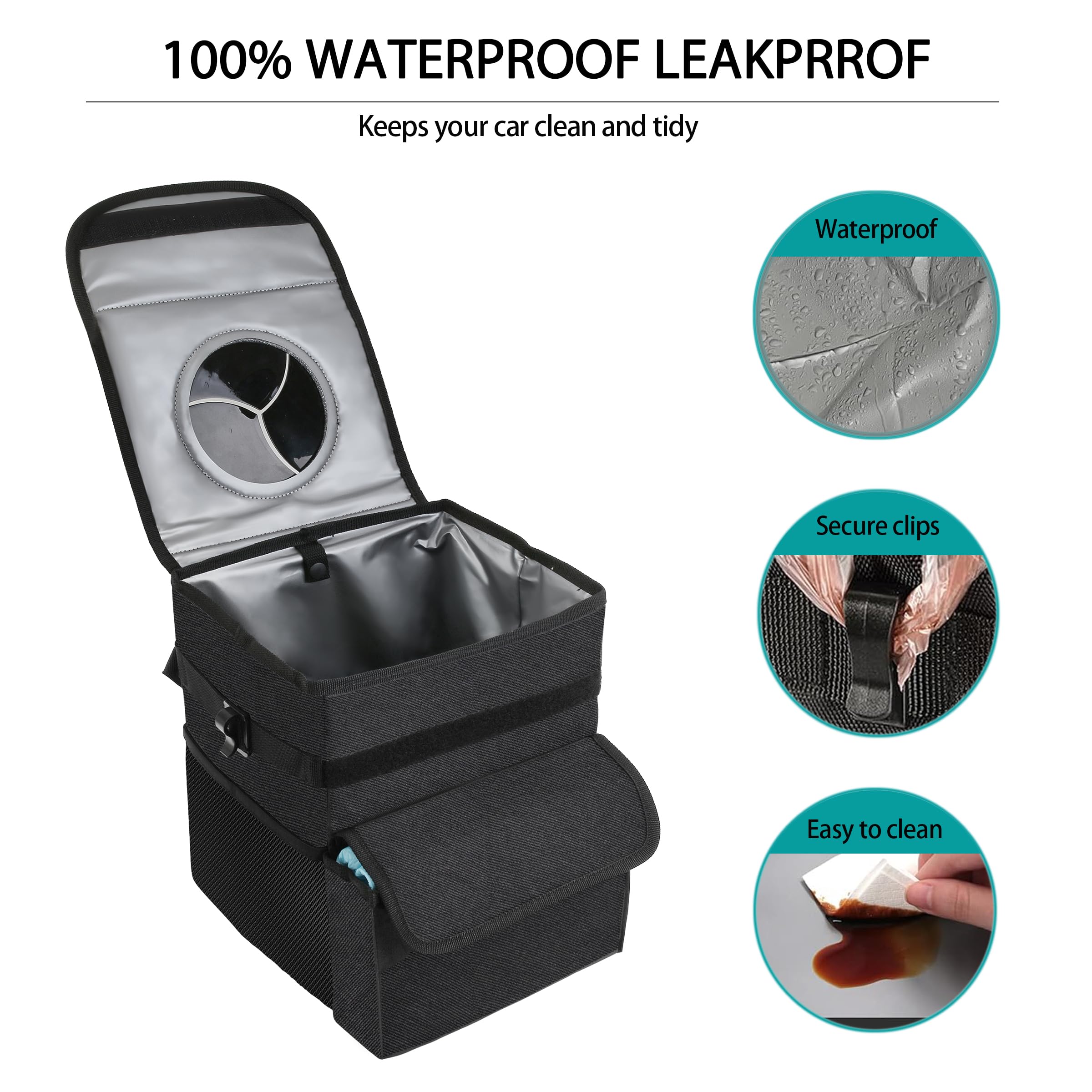 Leak-Proof Car Trash Can with Lid & Storage Pockets - Waterproof Vehicle Garbage Bin Organizer for Road Trips, Commuting & Family Travel Accessories
