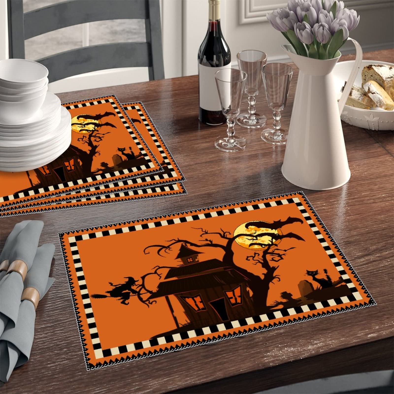 Happy Halloween Placemats Set of 4 - Wicked Pumpkin & Spider Design, Heat Resistant, Washable, Non-Slip Table Mats for Kitchen Dining - Perfect for Holiday Banquets, Fall Decor & Spooky Dinner Parties