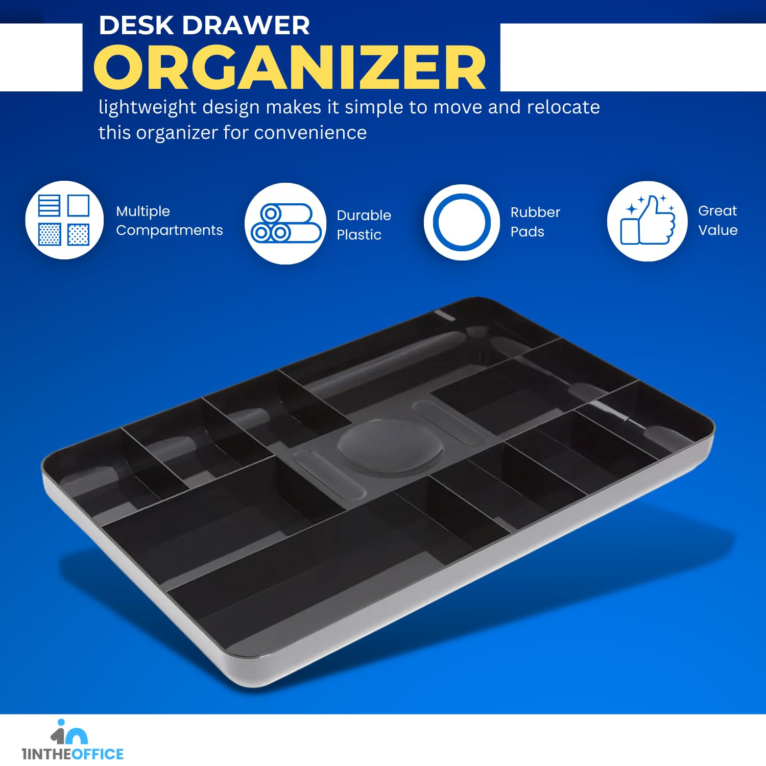 1InTheOffice Desk Drawer Organizer Tray - 13-Compartment Black Storage Tray Set of 2 for Office Supplies, Makeup, Jewelry & Small Items Organization | Perfect for Home, Office & Workspace