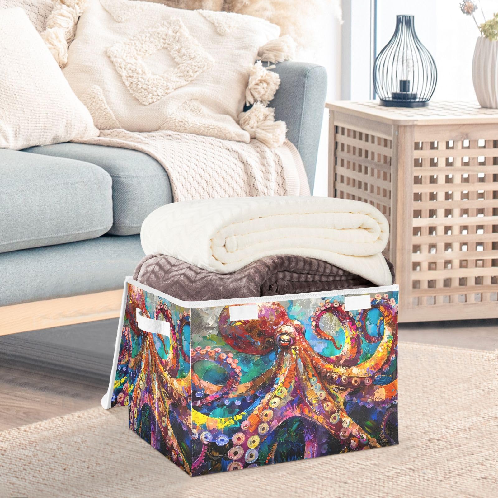 Colorful Marine Animal Collapsible Fabric Storage Bins with Lids & Handles - 16.5×12.6×11.8 Inch Foldable Storage Cubes for Bedroom, Closet, Office & Kids' Room Organization