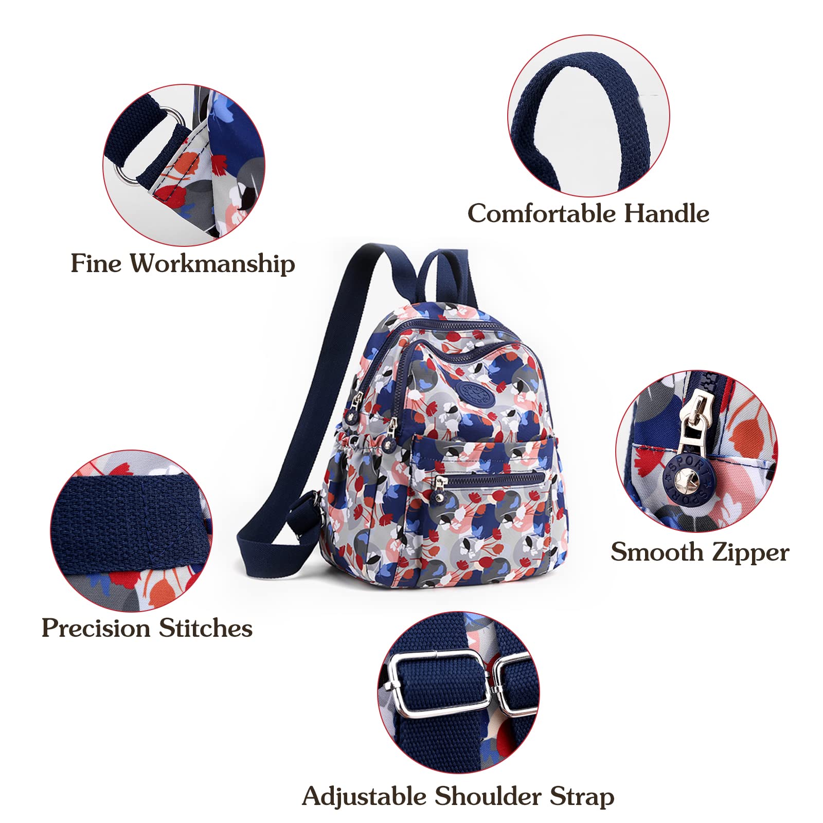 PORRASSO Women's Backpack - Lightweight Nylon Daypack for Work & Travel - Stylish Dots Design