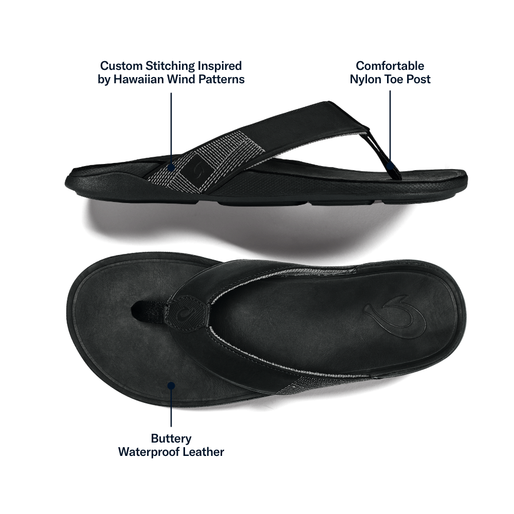 Premium Tuahine Men's Leather Beach Sandals - Comfortable Black Leather Flip Flops for Summer, Vacation & Outdoor Activities