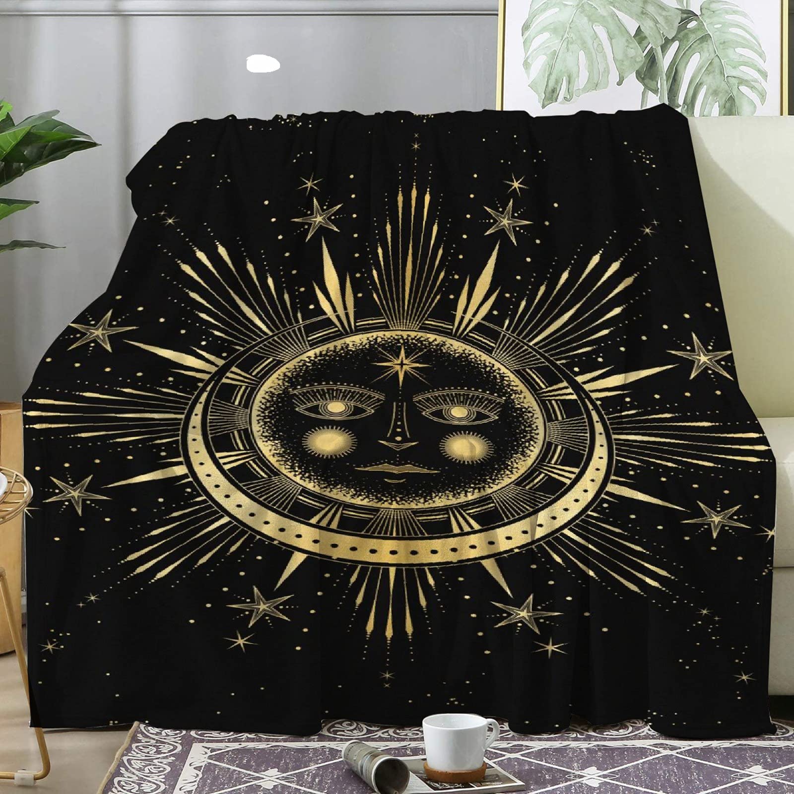 Soft Golden Sun and Moon Fleece Blanket - Lightweight, Warm & Pet-Friendly Throw for Bed, Sofa & Dorm - 60x50 Inches - Perfect for Cozy Nights, Movie Time & Winter Snuggles