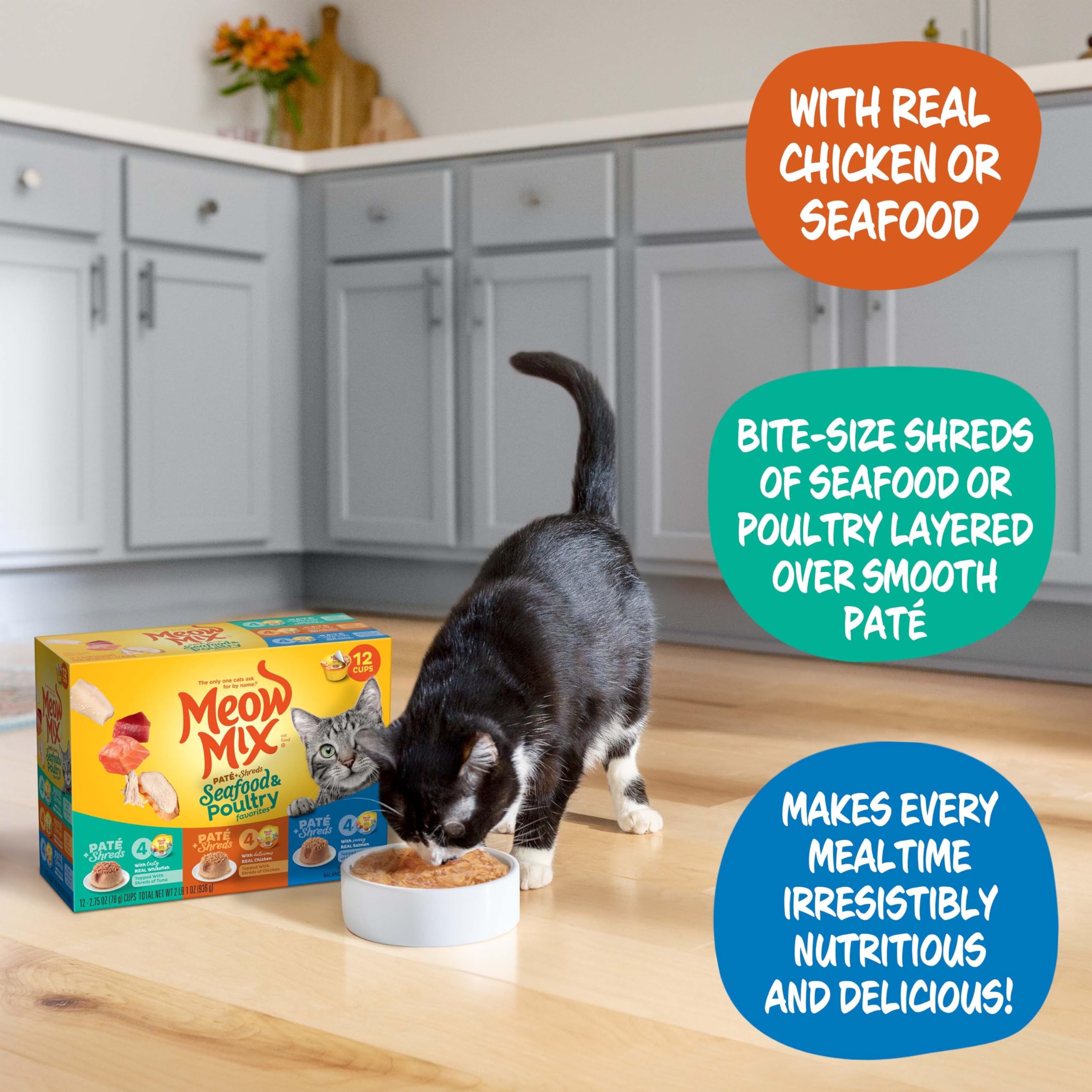 Meow Mix Paté & Shreds Wet Cat Food Variety Pack - 12 Seafood & Poultry Flavored 2.75oz Cups | Grain-Free Wet Cat Food for Adult Cats | Perfect for Picky Eaters, Travel & Mealtime Variety