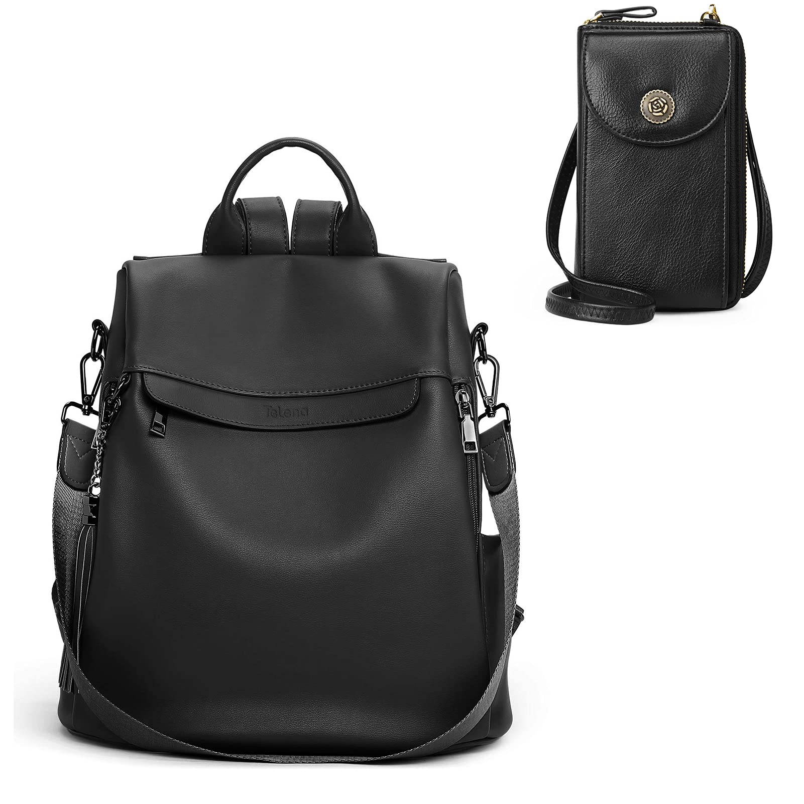 Telena Anti-Theft Travel Backpack & Crossbody Bag Set for Women - Large Shoulder Bag & Small Phone Purse Wallet (Black) - Perfect for Travel, Commuting & Daily Use